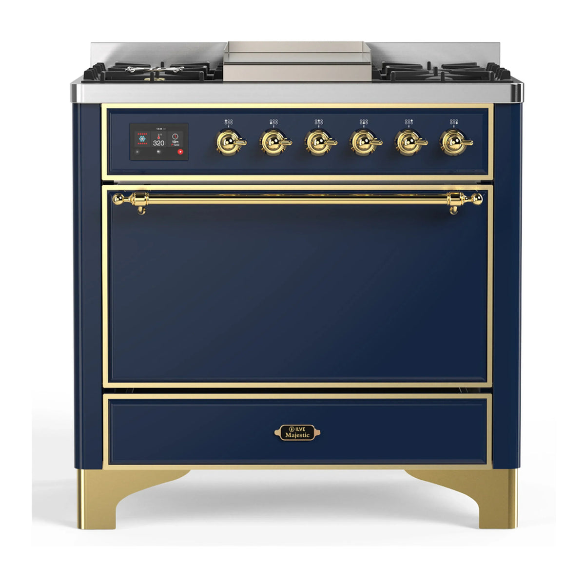 ILVE Majestic III 36-Inch Natural Gas Dual Fuel Range, 6 Burners, Griddle, Solid Door, Midnight Blue with Brass Trim (UM36FQNR3MBG)