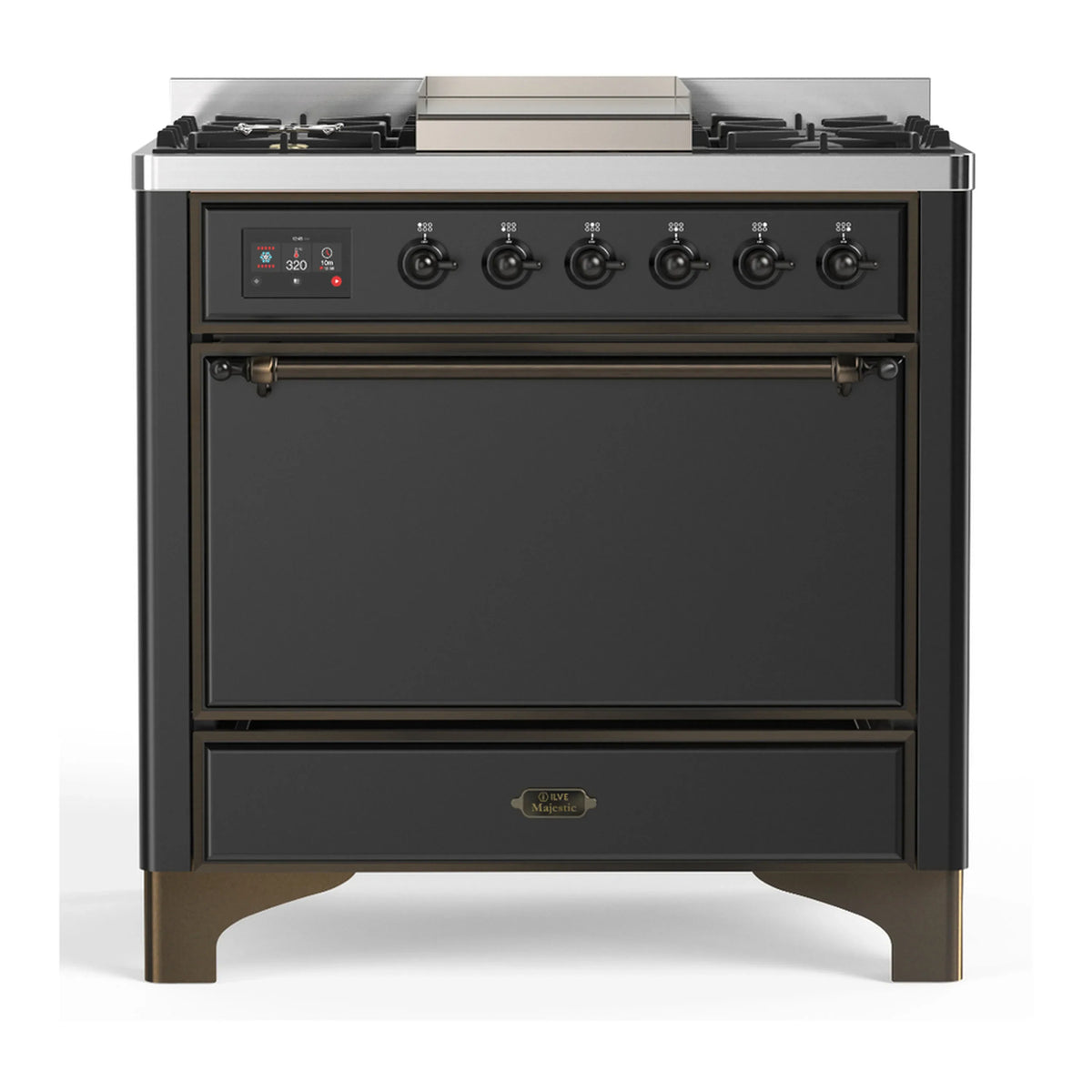 ILVE Majestic III 36-Inch Propane Dual Fuel Range, 5 Burners, Griddle, Solid Door, Matte Graphite with Burnished Trim (UM36FQNR3MGBLP)