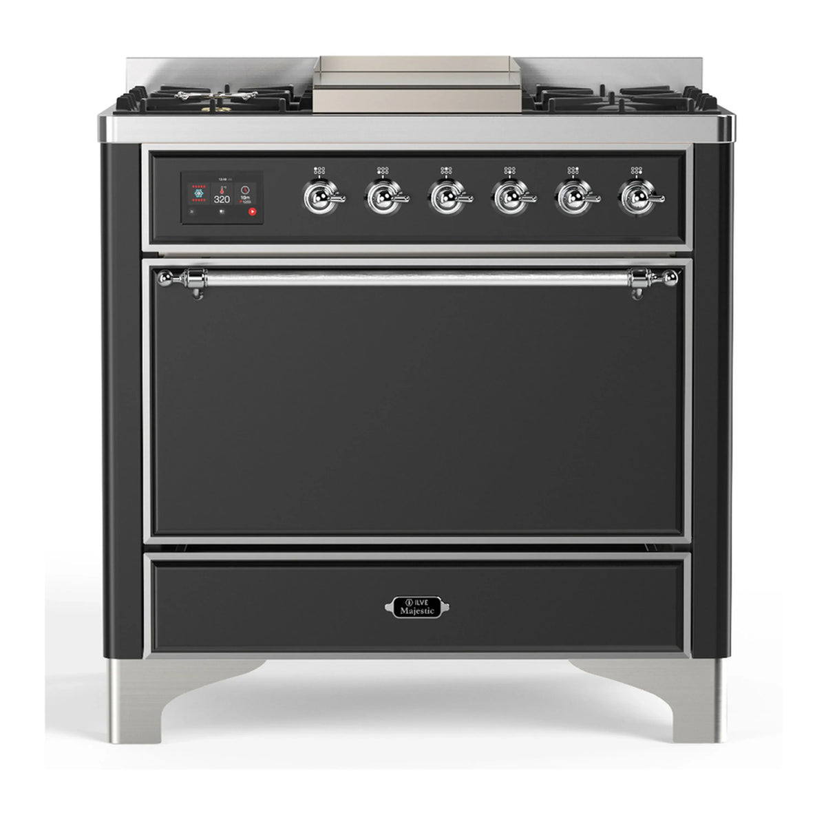 ILVE Majestic III 36-Inch Natural Gas Dual Fuel Range, 6 Burners, Griddle, Solid Door, Matte Graphite with Chrome Trim (UM36FQNR3MGC)