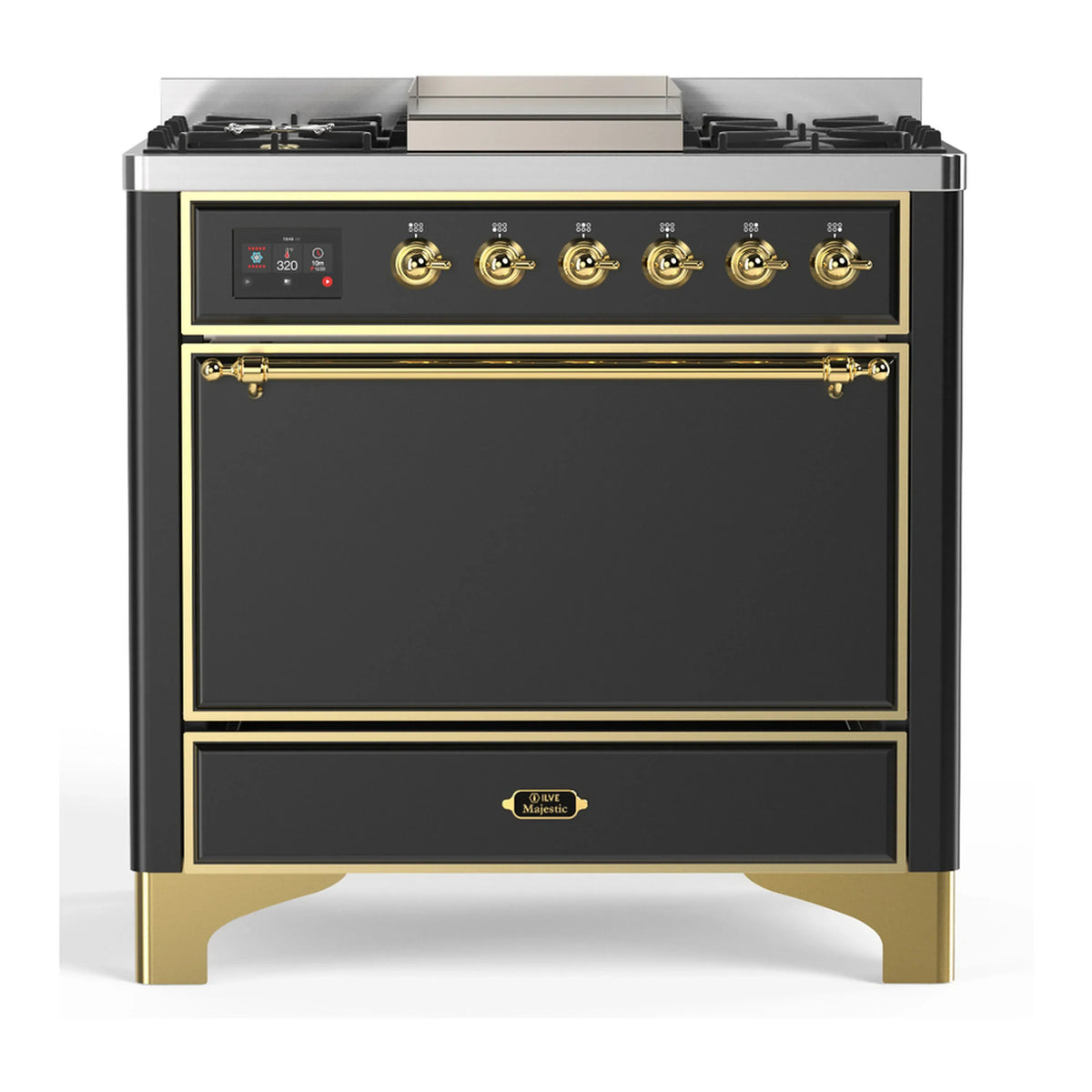 ILVE Majestic III 36-Inch Natural Gas Dual Fuel Range, 6 Burners, Griddle, Solid Door, Matte Graphite with Brass Trim (UM36FQNR3MGG)