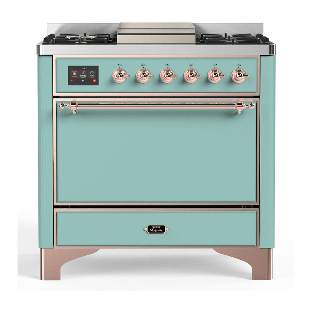ILVE Majestic III 36-Inch Natural Gas Dual Fuel Range, 6 Burners, Griddle, Solid Door, Mediterranean Mint with Copper Trim (UM36FQNR3MMP)