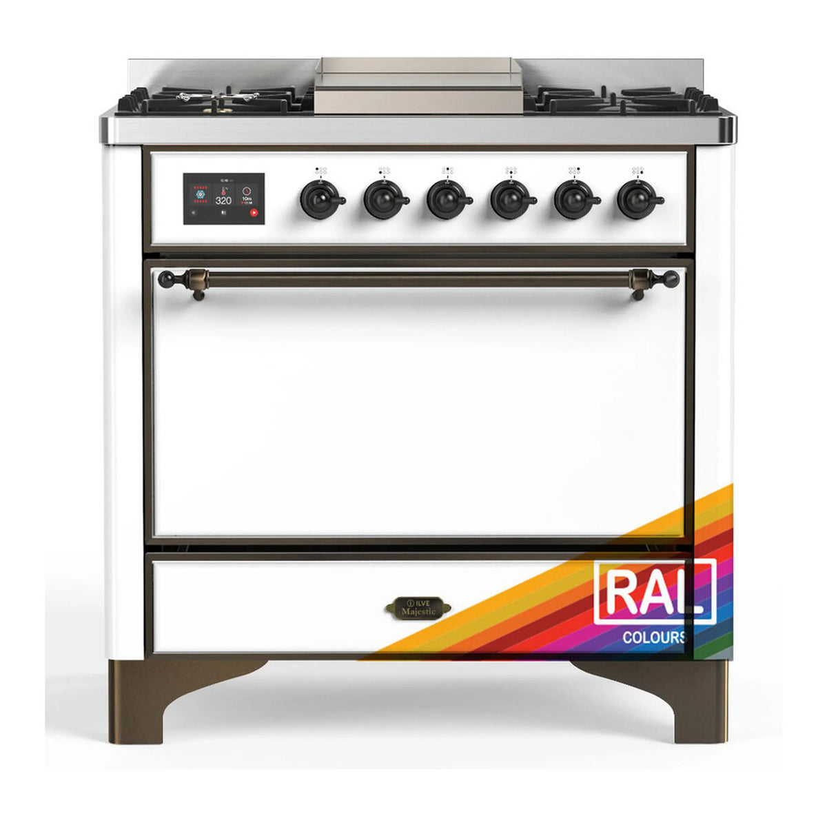 ILVE Majestic III 36-Inch Natural Gas Dual Fuel Range, 6 Burners, Griddle, Solid Door, RAL with Burnished Trim (UM36FQNR3RAB)
