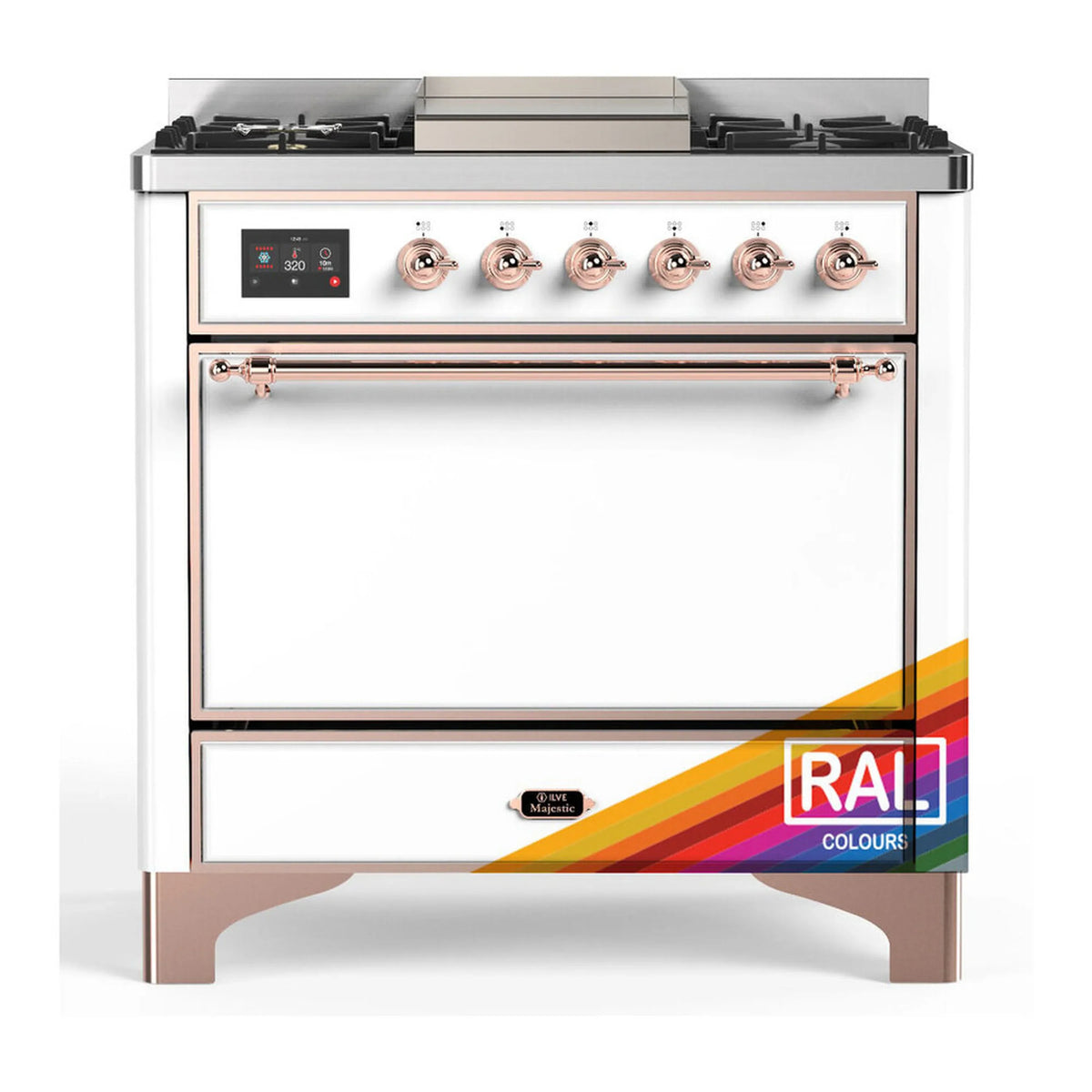 ILVE Majestic III 36-Inch Propane Dual Fuel Range, 5 Burners, Griddle, Solid Door, RAL with Copper Trim (UM36FQNR3RAPLP)