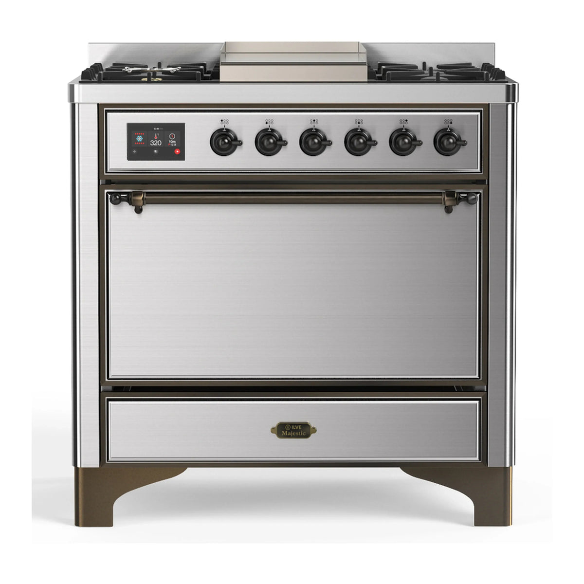 ILVE Majestic III 36-Inch Propane Dual Fuel Range, 5 Burners, Griddle, Solid Door, Stainless Steel with Burnished Trim (UM36FQNR3SSBLP)
