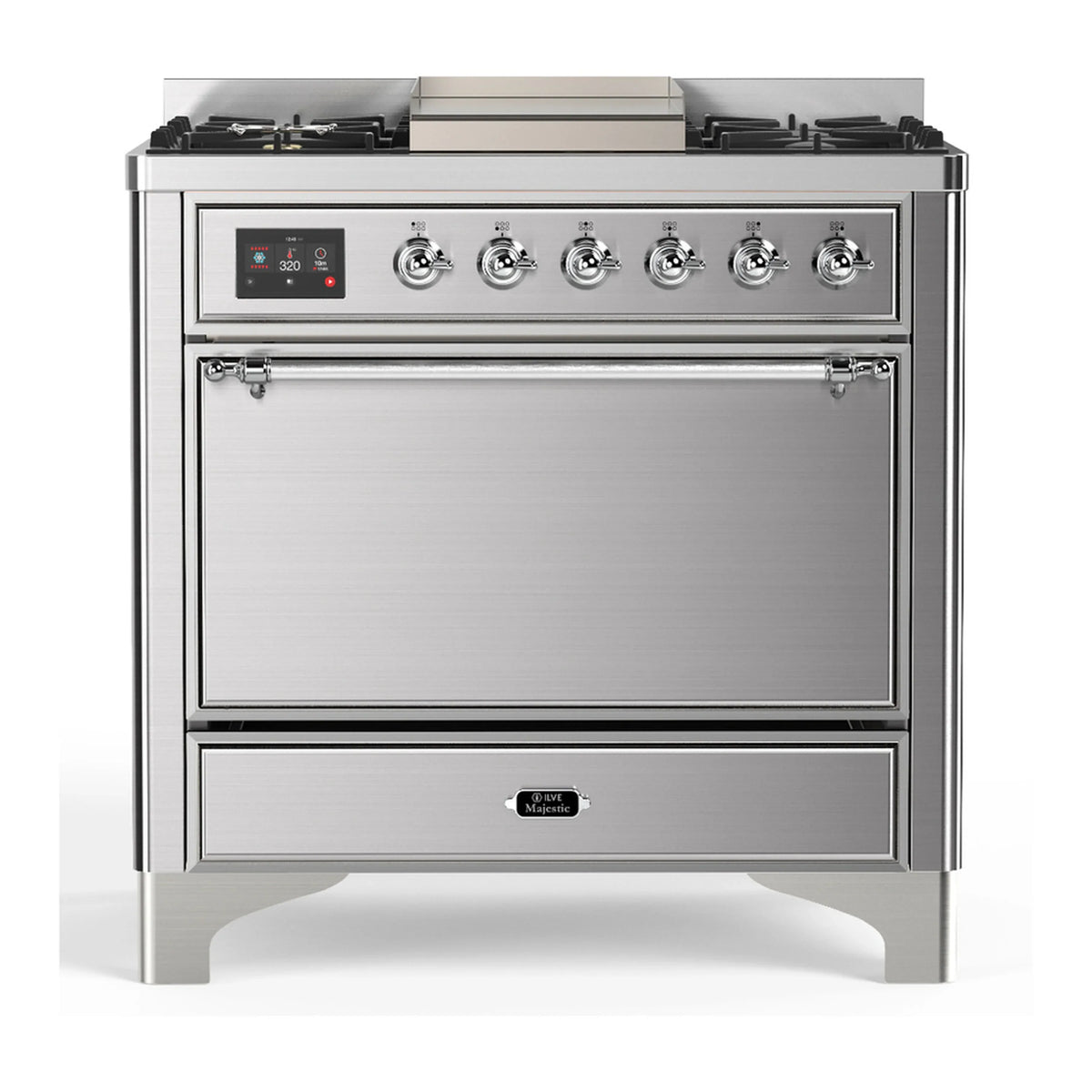 ILVE Majestic III 36-Inch Propane Dual Fuel Range, 5 Burners, Griddle, Solid Door, Stainless Steel with Chrome Trim (UM36FQNR3SSCLP)