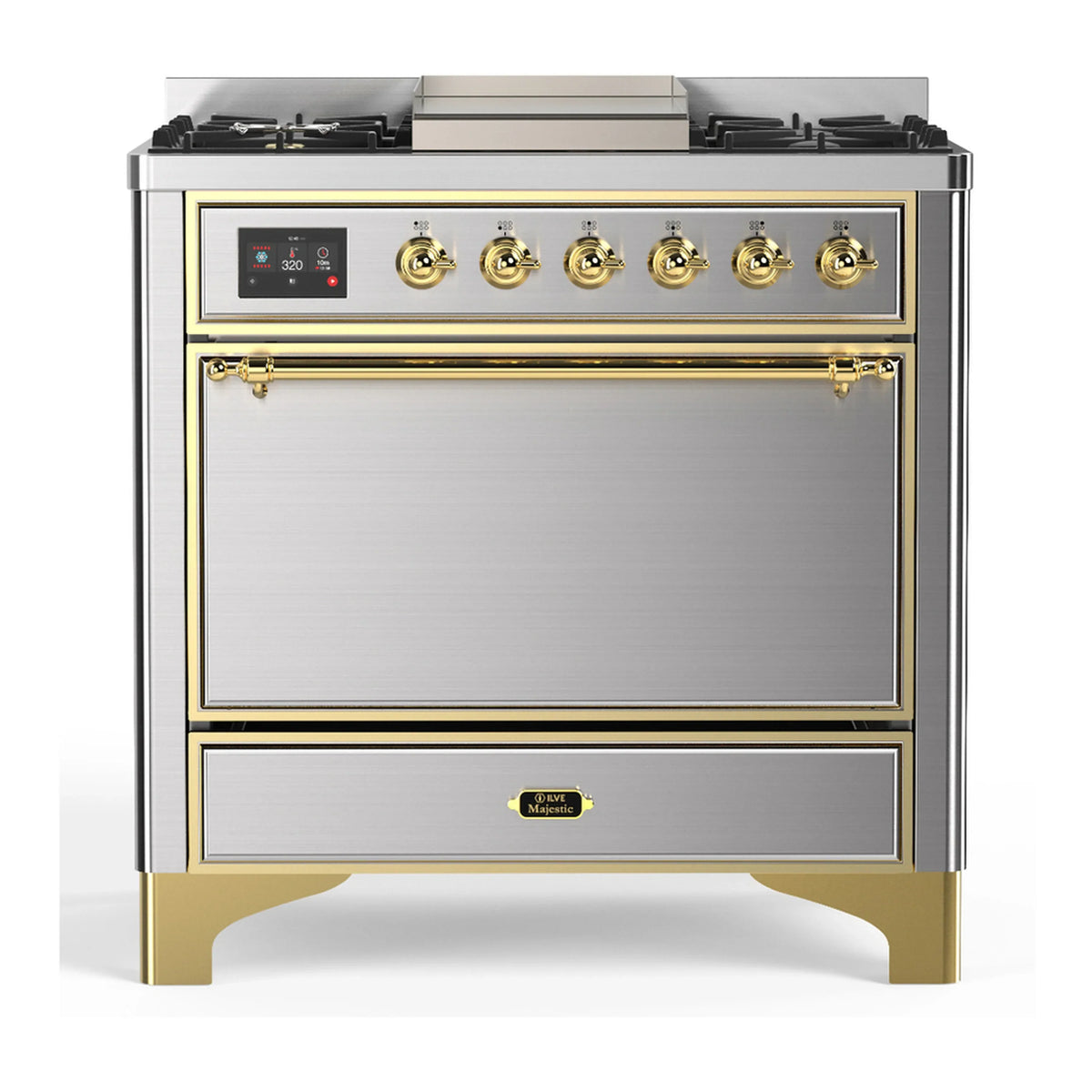 ILVE Majestic III 36-Inch Natural Gas Dual Fuel Range, 6 Burners, Griddle, Solid Door, Stainless Steel with Brass Trim (UM36FQNR3SSG)