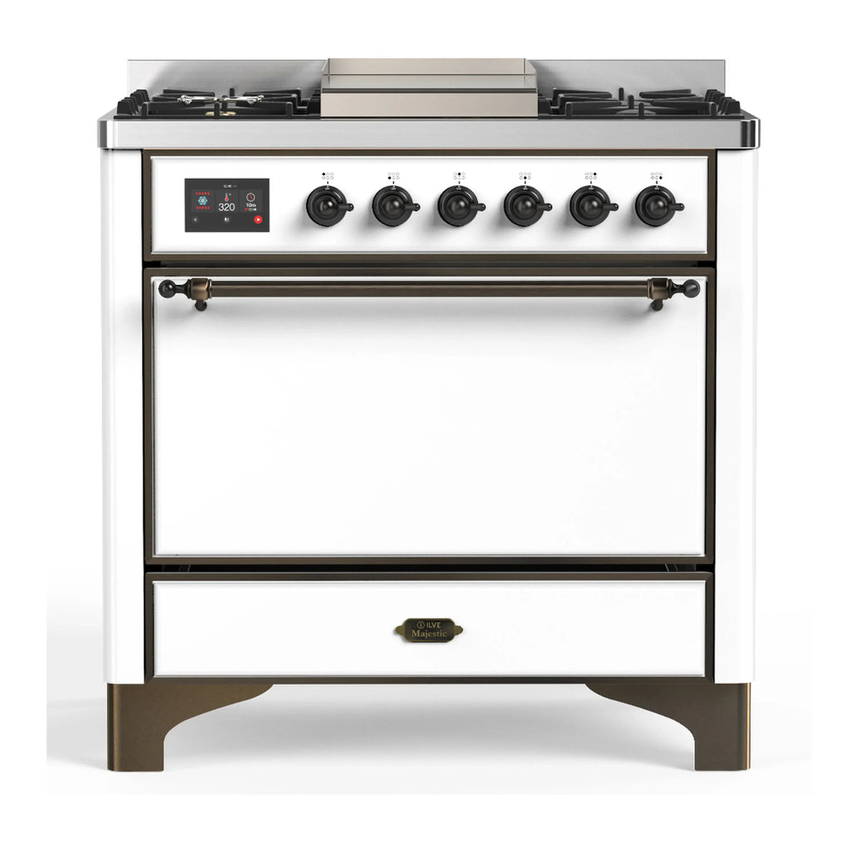 ILVE Majestic III 36-Inch Natural Gas Dual Fuel Range, 6 Burners, Griddle, Solid Door, White with Burnished Trim (UM36FQNR3WHB)