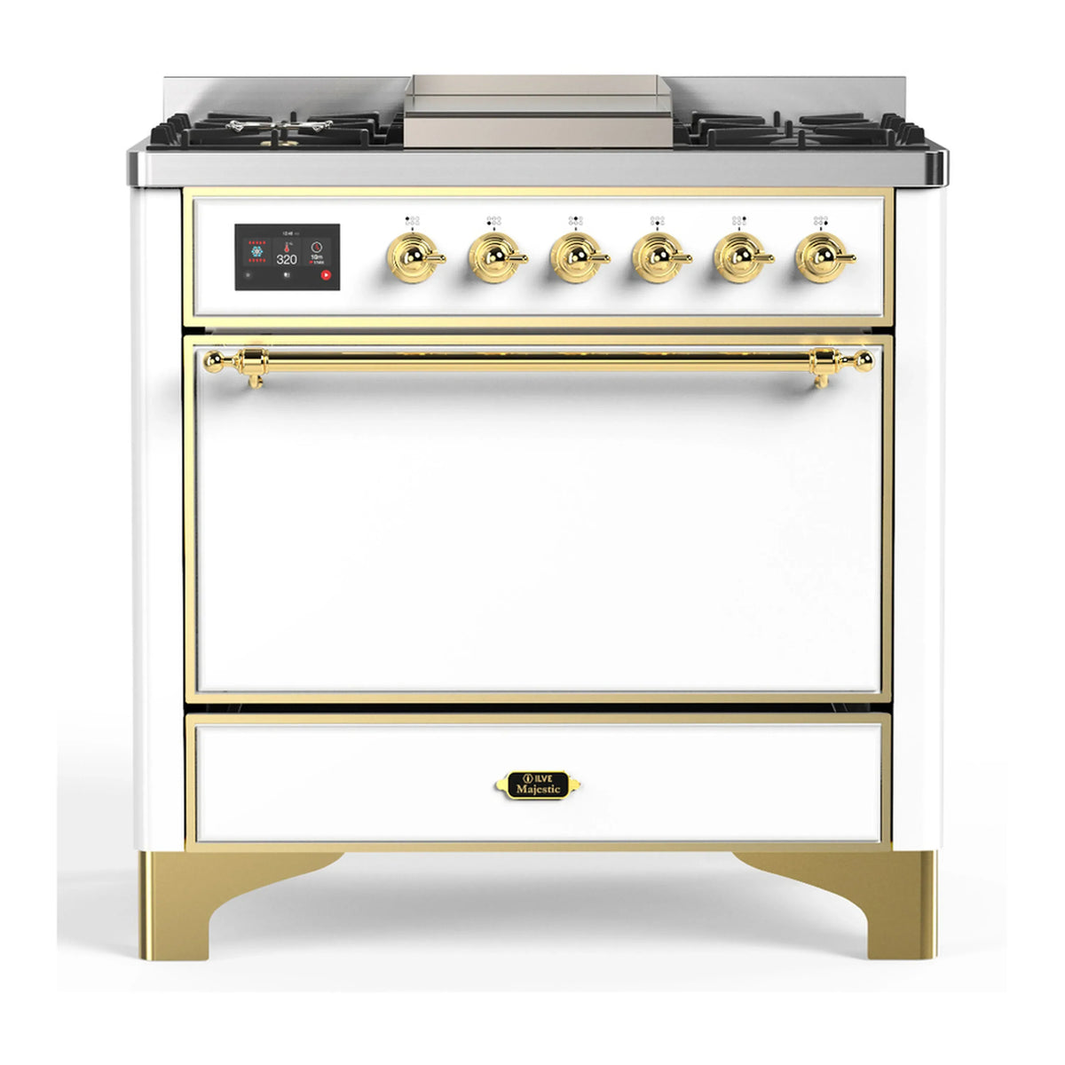 ILVE Majestic III 36-Inch Natural Gas Dual Fuel Range, 6 Burners, Griddle, Solid Door, White with Brass Trim (UM36FQNR3WHG)