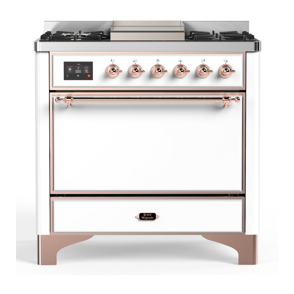 ILVE Majestic III 36-Inch Natural Gas Dual Fuel Range, 6 Burners, Griddle, Solid Door, White with Copper Trim (UM36FQNR3WHP)