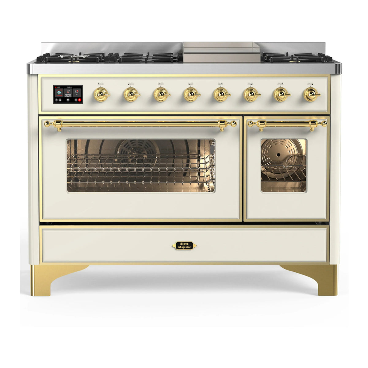 ILVE Majestic III 48-Inch LP Dual Fuel Range, 5 Burners, Griddle, Triple Glass Door Oven, Antique White with Brass Trim (UM48FNR3AWGLP)