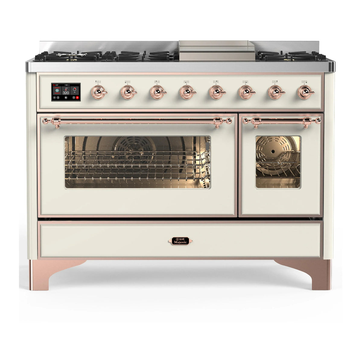 ILVE Majestic III 48-Inch LP Dual Fuel Range, 5 Burners, Griddle, Triple Glass Door Oven, Antique White with Copper Trim (UM48FNR3AWPLP)