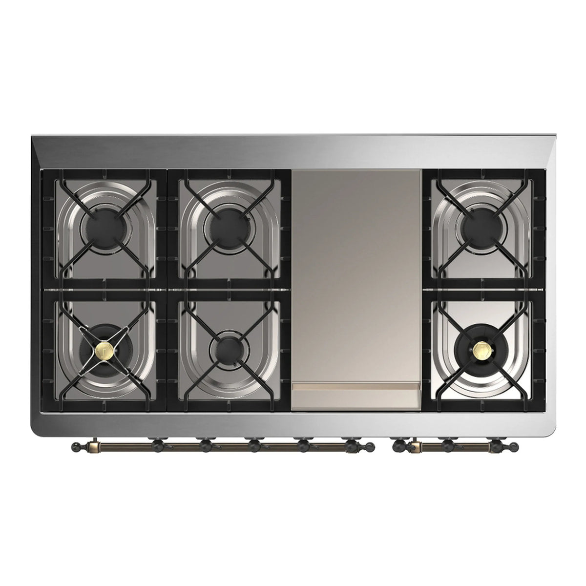 ILVE Majestic III 48-Inch Dual Fuel Range, 5 NG Burners, Griddle, Triple Glass Door, Glossy Black, Burnished Trim (UM48FNR3BKB)