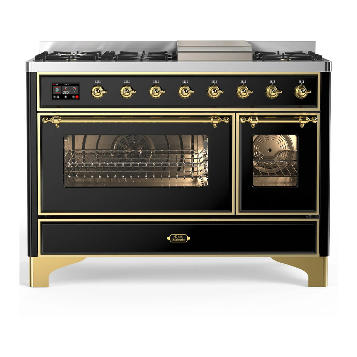 ILVE Majestic III 48-Inch Dual Fuel Range, 5 LP Burners, Griddle, Triple Glass Door, Glossy Black, Brass Trim (UM48FNR3BKGLP)