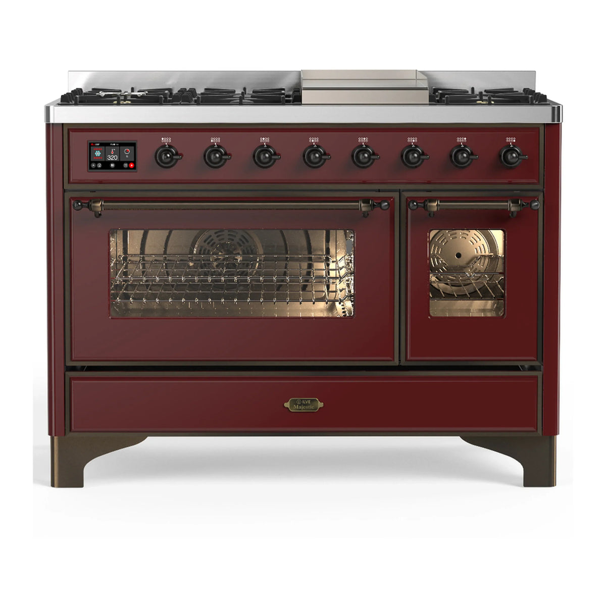 ILVE Majestic III 48-Inch Dual Fuel Range, 5 NG Burners, Griddle, Triple Glass Door, Burgundy, Burnished Trim (UM48FNR3BUB)