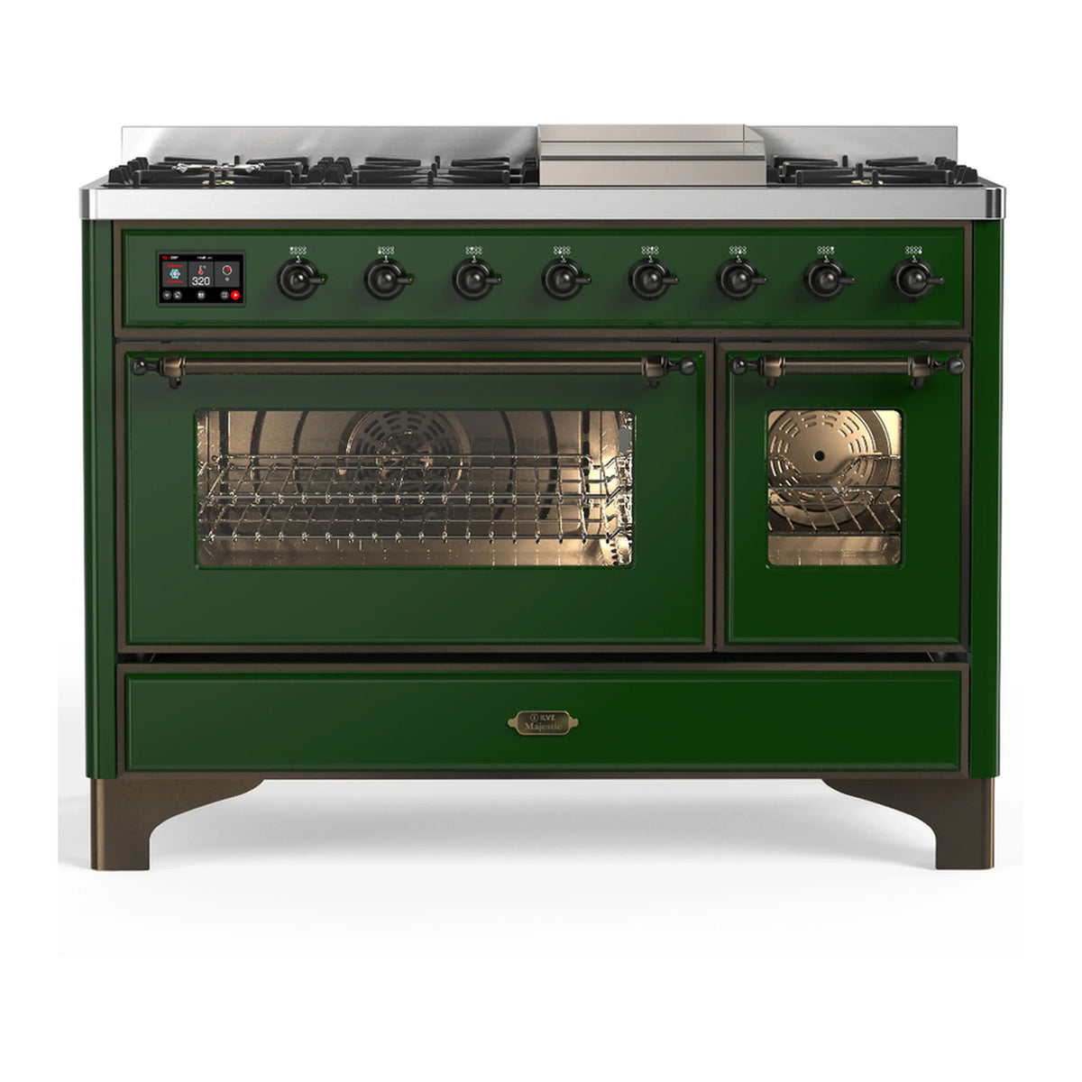 ILVE Majestic III 48-Inch Dual Fuel Range, 5 NG Burners, Griddle, Triple Glass Door, Emerald Green, Burnished Trim (UM48FNR3EGB)