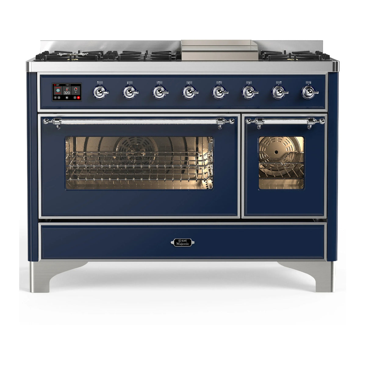ILVE Majestic III 48-Inch Dual Fuel Range, 5 LP Burners, Griddle, Triple Glass Door, Midnight Blue, Chrome Trim (UM48FNR3MBCLP)