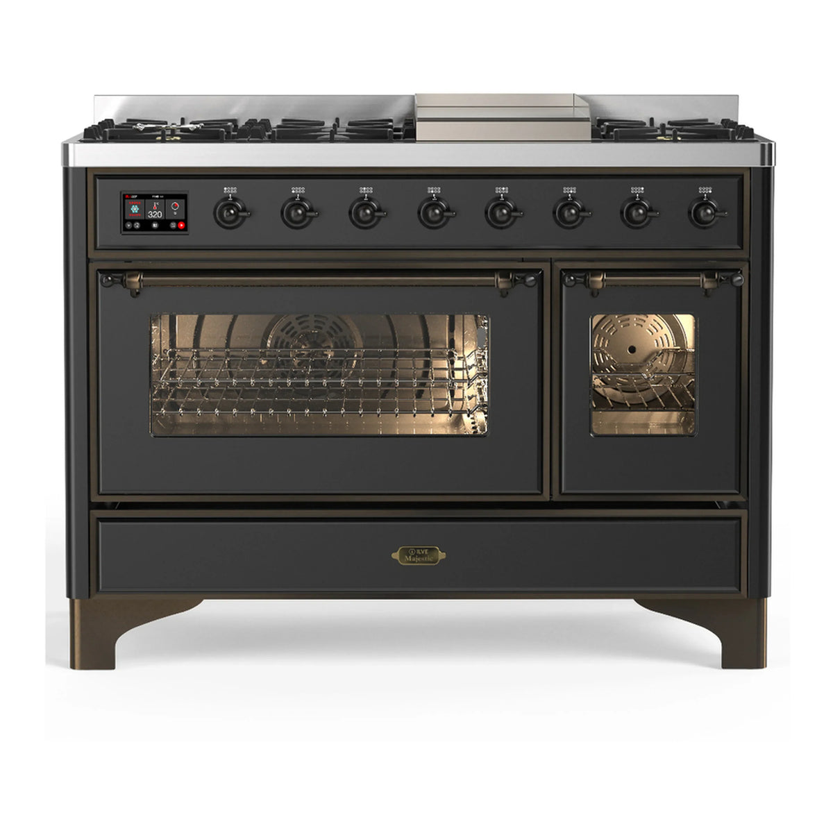 ILVE Majestic III 48-Inch Dual Fuel Range, 5 NG Burners, Griddle, Triple Glass Door, Graphite Matte, Burnished Trim (UM48FNR3MGB)