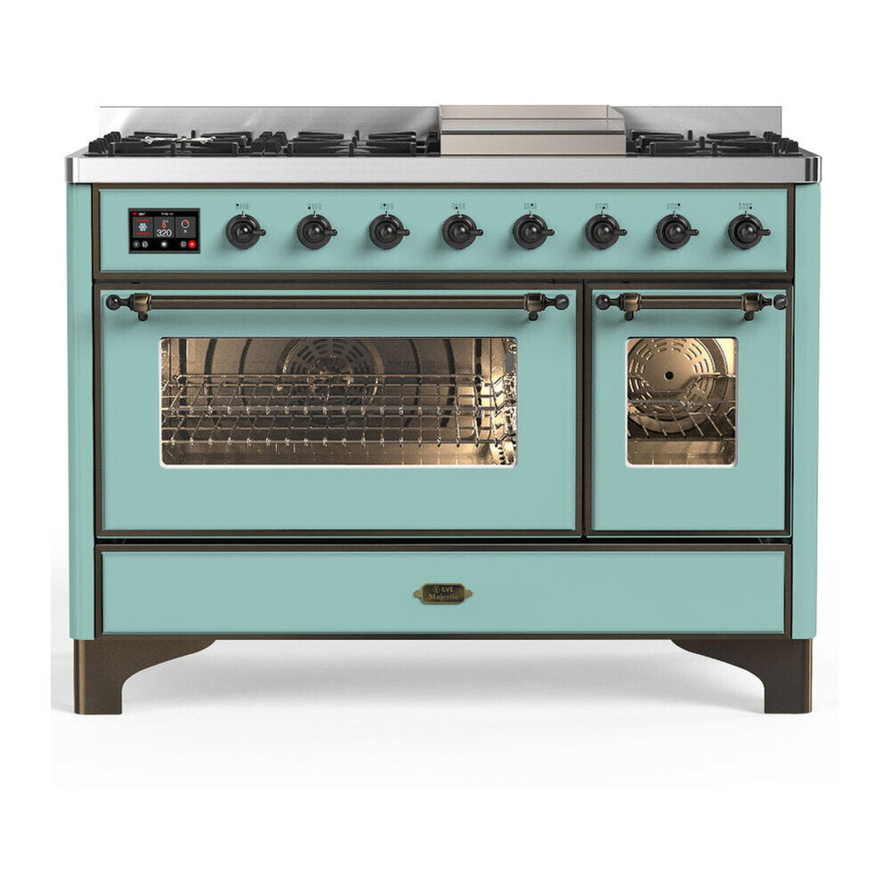 ILVE Majestic III 48-Inch Dual Fuel Range, 5 NG Burners, Griddle, Triple Glass Door, Mediterranean Mint, Burnished Trim (UM48FNR3MMB)