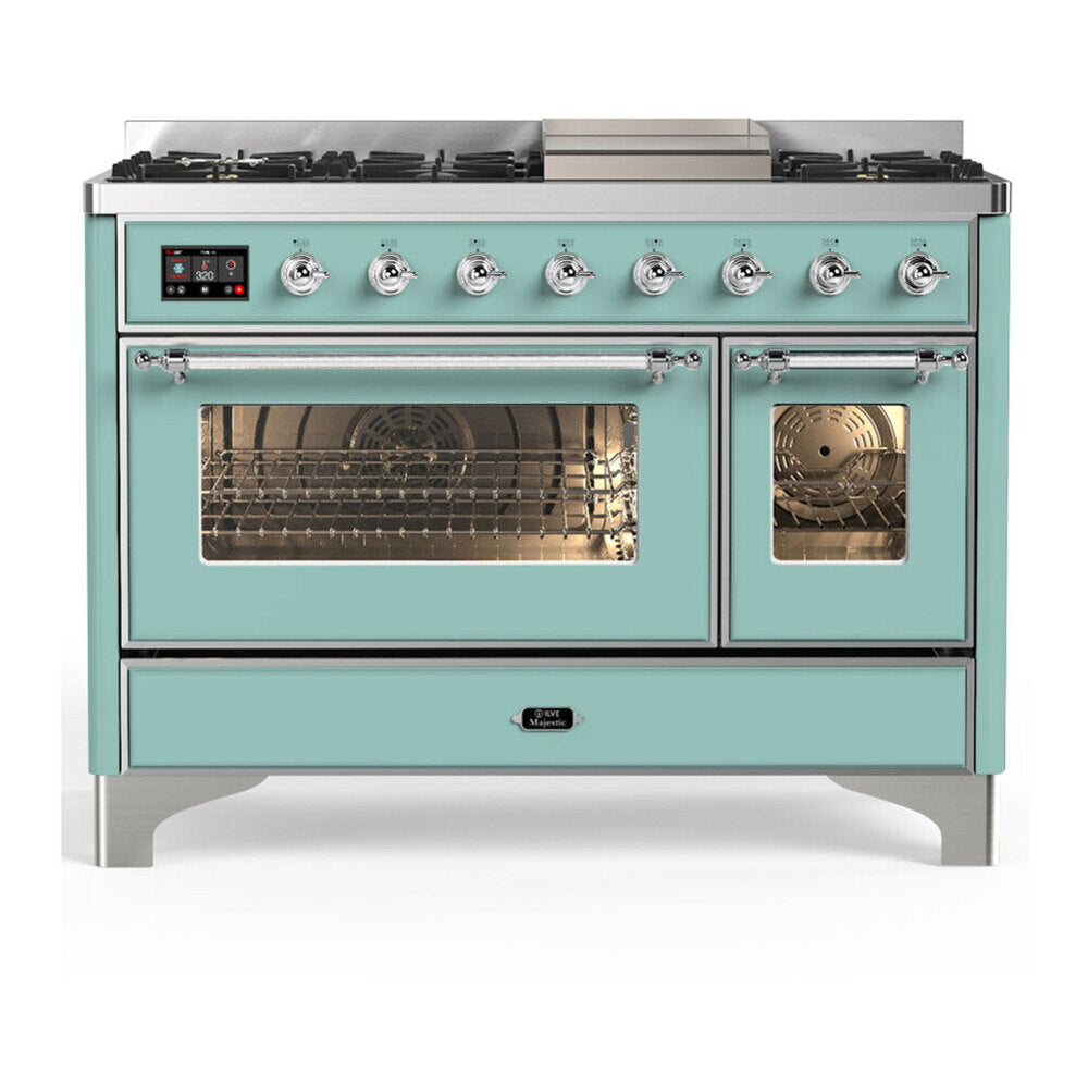 ILVE Majestic III 48-Inch Dual Fuel Range, 5 LP Burners, Griddle, Triple Glass Door, Mediterranean Mint, Chrome Trim (UM48FNR3MMCLP)