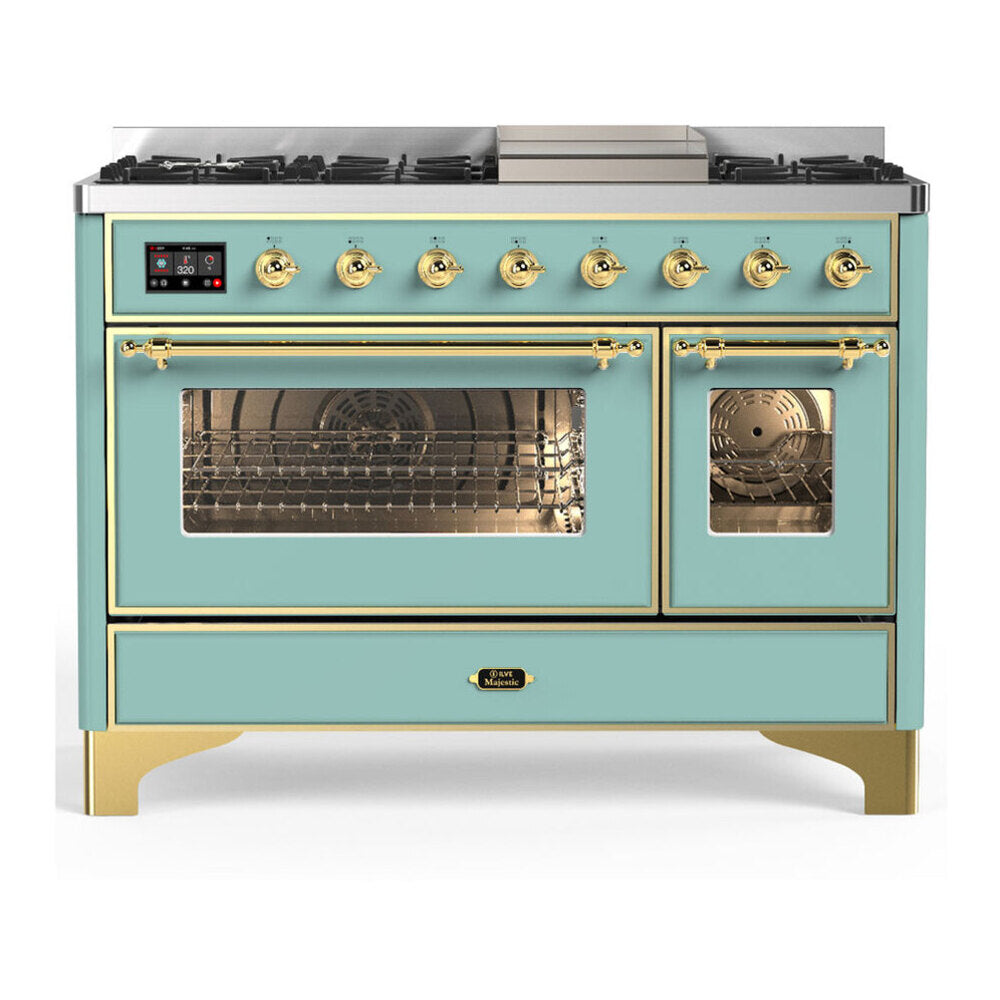 ILVE Majestic III 48-Inch Dual Fuel Range, 5 LP Burners, Griddle, Triple Glass Door, Mediterranean Mint, Brass Trim (UM48FNR3MMGLP)