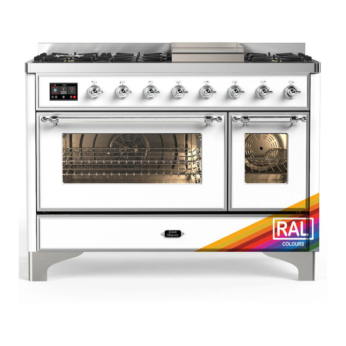 ILVE Majestic III 48-Inch Dual Fuel Range, 5 LP Burners, Griddle, Triple Glass Door, RAL, Chrome Trim (UM48FNR3RACLP)