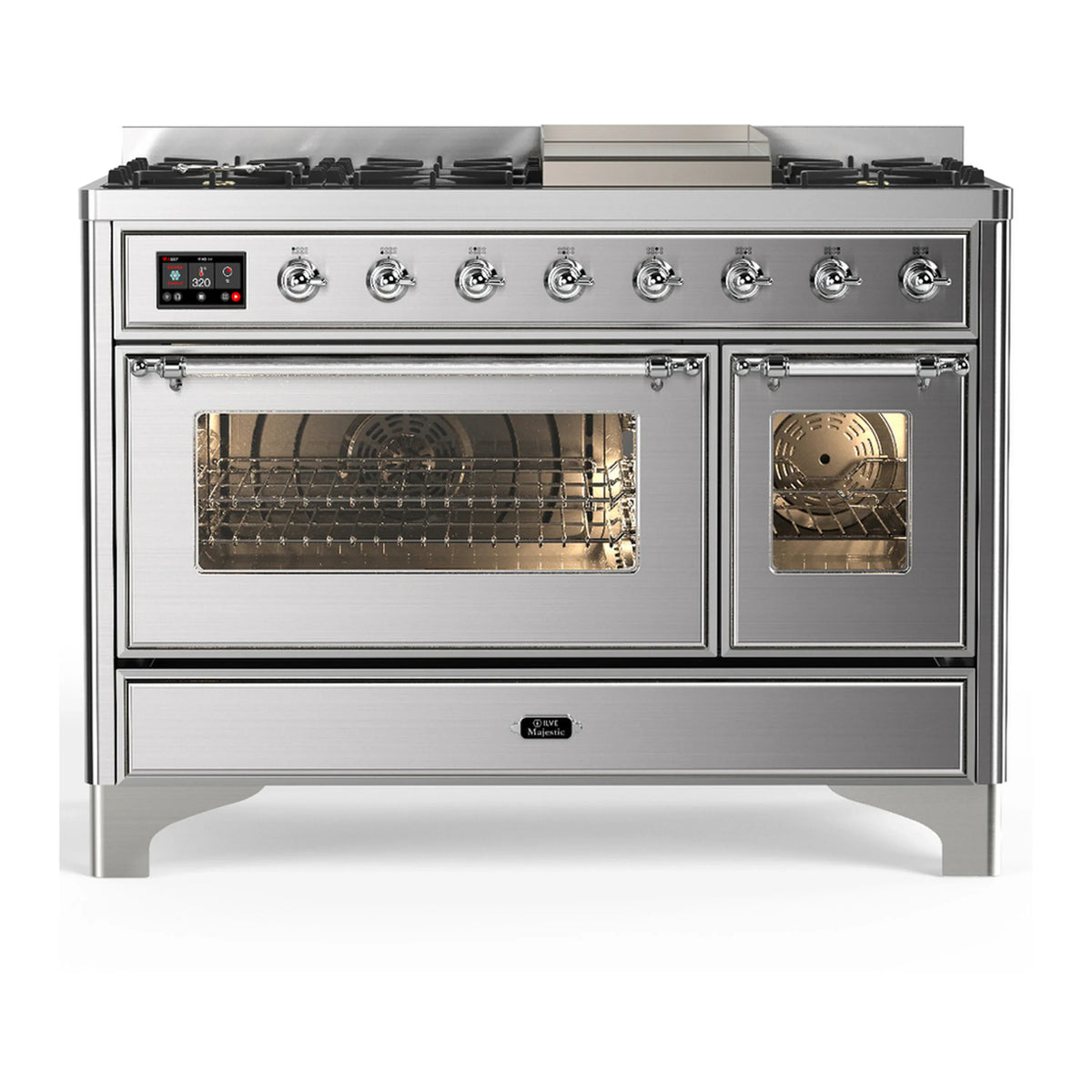 ILVE Majestic III 48-Inch Dual Fuel Range, 5 LP Burners, Griddle, Triple Glass Door, Stainless Steel, Chrome Trim (UM48FNR3SSCLP)