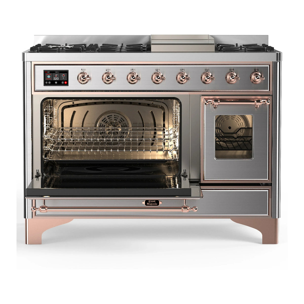 ILVE Majestic III 48-Inch Dual Fuel Range, 5 LP Burners, Griddle, Triple Glass Door, Stainless Steel, Copper Trim (UM48FNR3SSPLP)