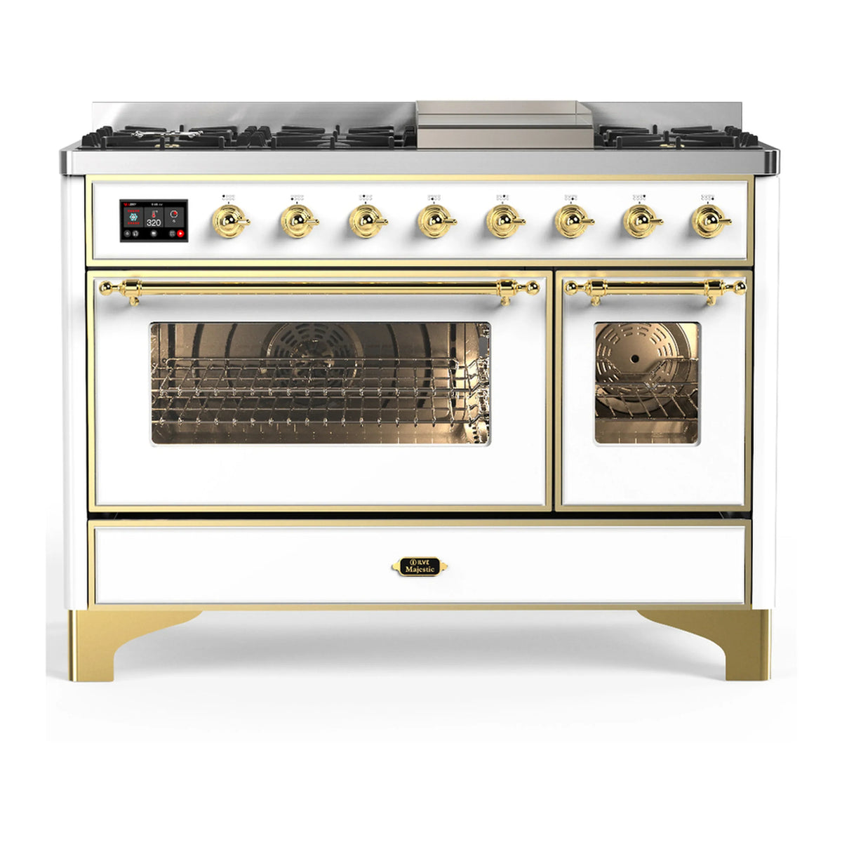 ILVE Majestic III 48-Inch Dual Fuel Range, 5 NG Burners, Griddle, Triple Glass Door, White, Brass Trim (UM48FNR3WHG)
