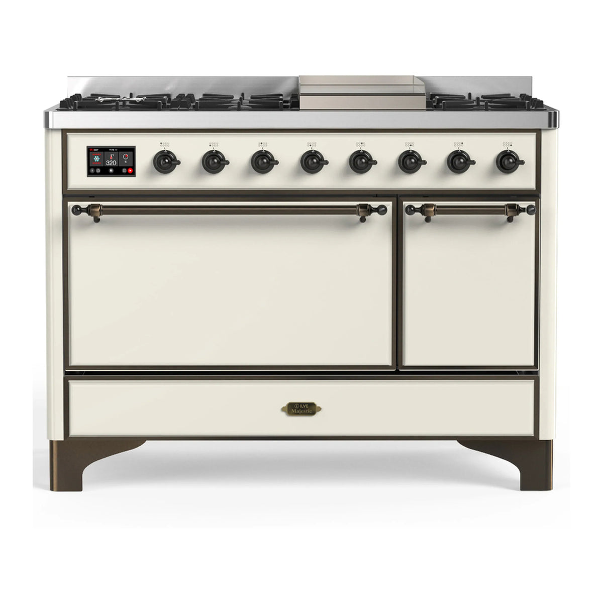 ILVE Majestic III 48-Inch LP Dual Fuel Range, 5 Burners, Griddle, Solid Door Oven, Antique White with Burnished Trim (UM48FQNR3AWBLP)