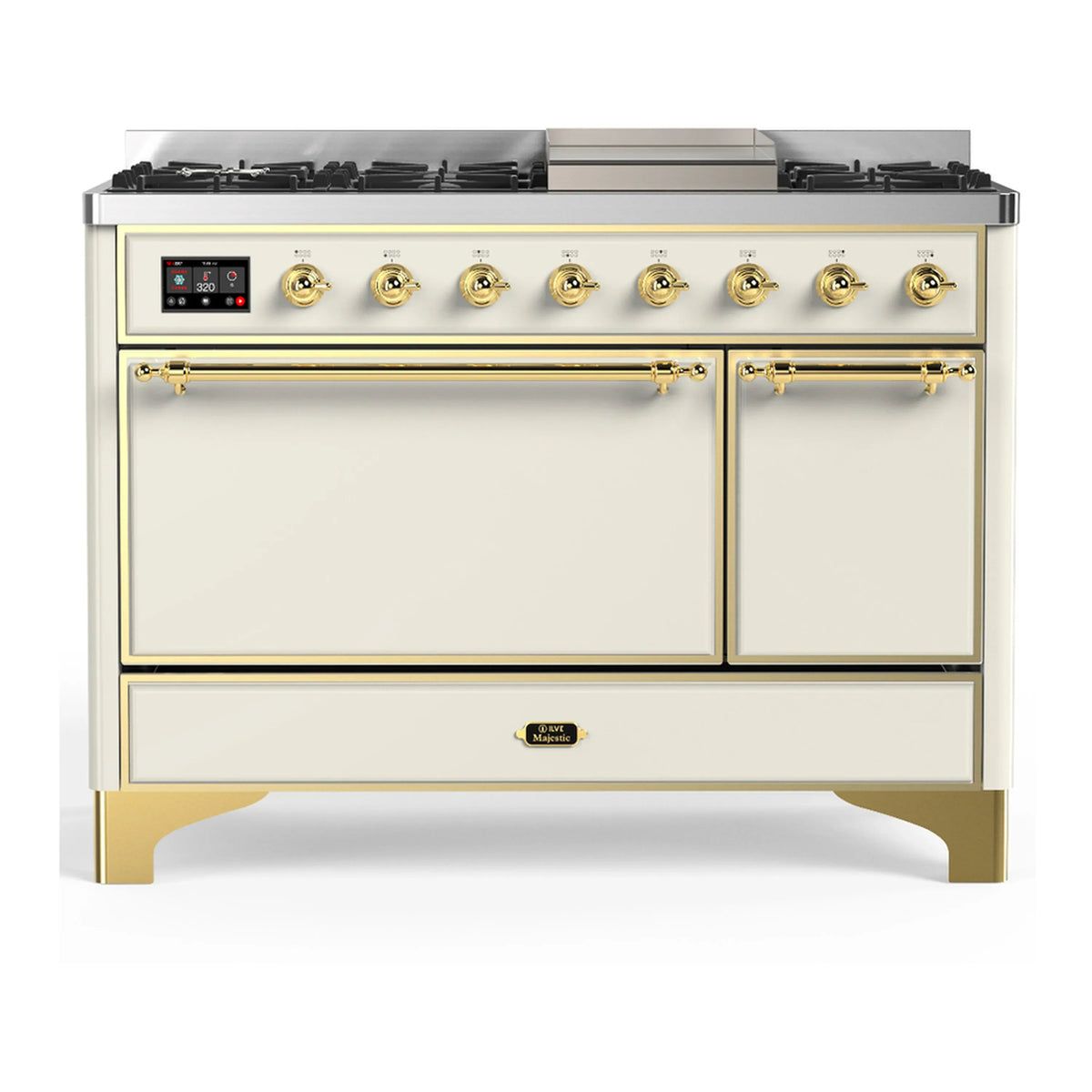 ILVE Majestic III 48-Inch LP Dual Fuel Range, 5 Burners, Griddle, Solid Door Oven, Antique White with Brass Trim (UM48FQNR3AWGLP)