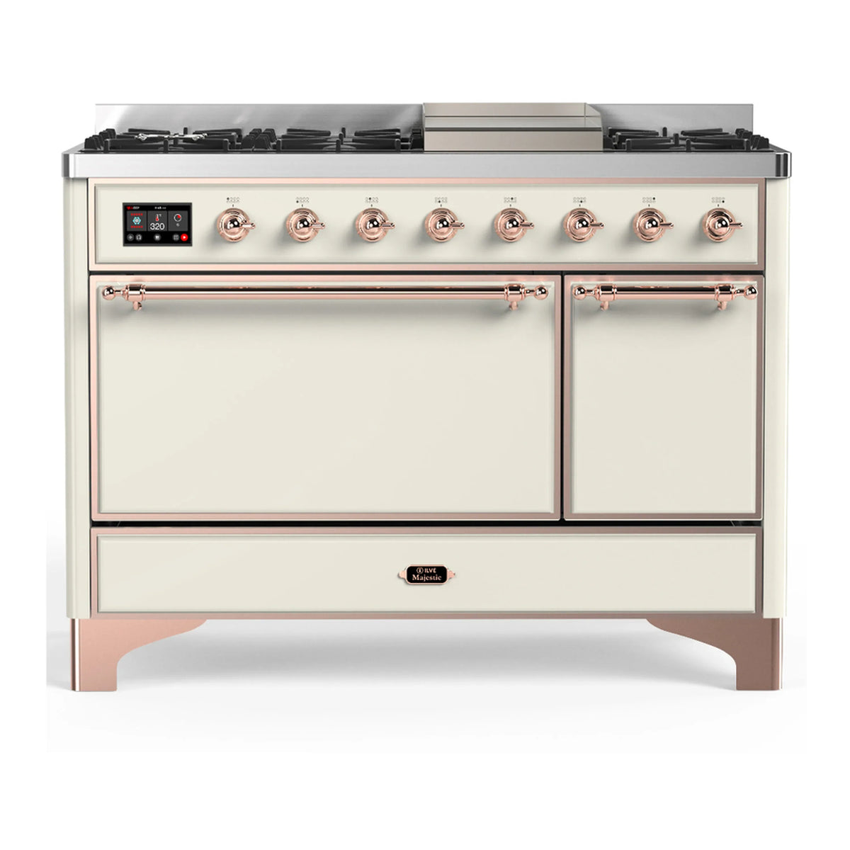 ILVE Majestic III 48-Inch LP Dual Fuel Range, 5 Burners, Griddle, Solid Door Oven, Antique White with Copper Trim (UM48FQNR3AWPLP)
