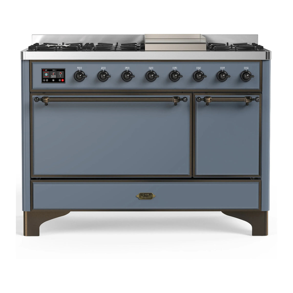 ILVE Majestic III 48-Inch Dual Fuel Range, 5 NG Burners, Griddle, Solid Door, Blue Grey, Burnished Trim (UM48FQNR3BGB)