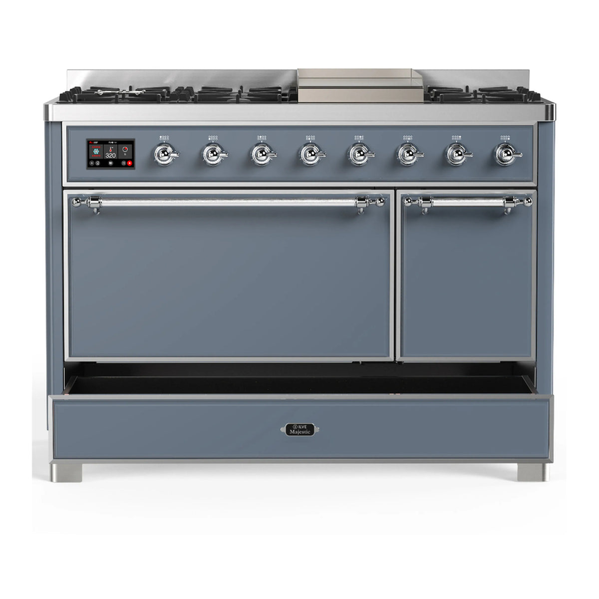 ILVE Majestic III 48-Inch LP Dual Fuel Range, 5 Burners, Griddle, Solid Door Oven, Blue Grey with Chrome Trim (UM48FQNR3BGCLP)