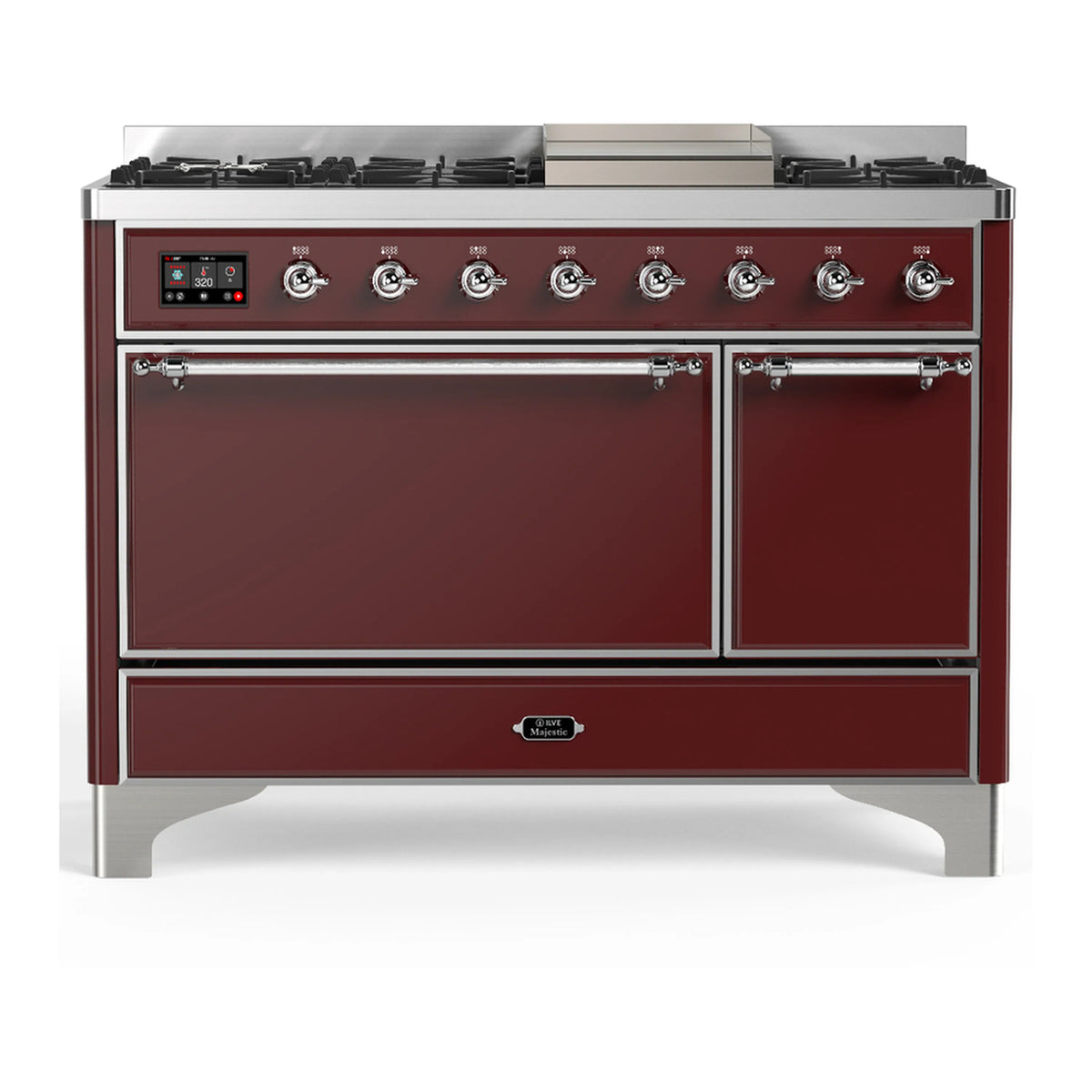 ILVE Majestic III 48-Inch Dual Fuel Range, 5 NG Burners, Griddle, Solid Door, Burgundy, Chrome Trim (UM48FQNR3BUC)