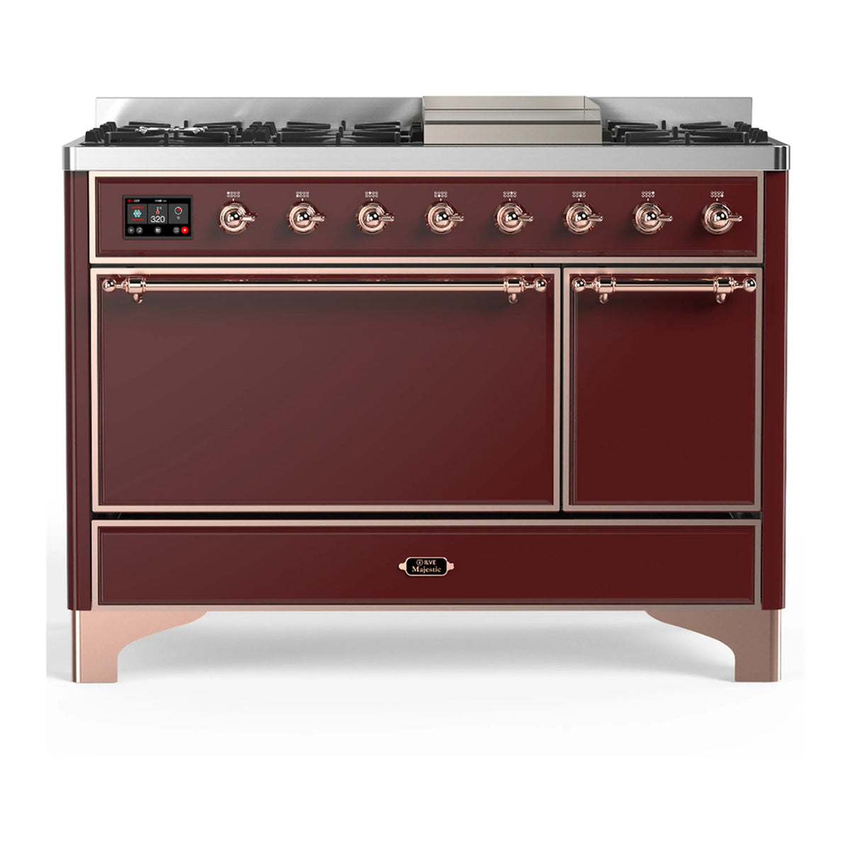 ILVE Majestic III 48-Inch Dual Fuel Range, 5 NG Burners, Griddle, Solid Door, Burgundy, Copper Trim (UM48FQNR3BUP)