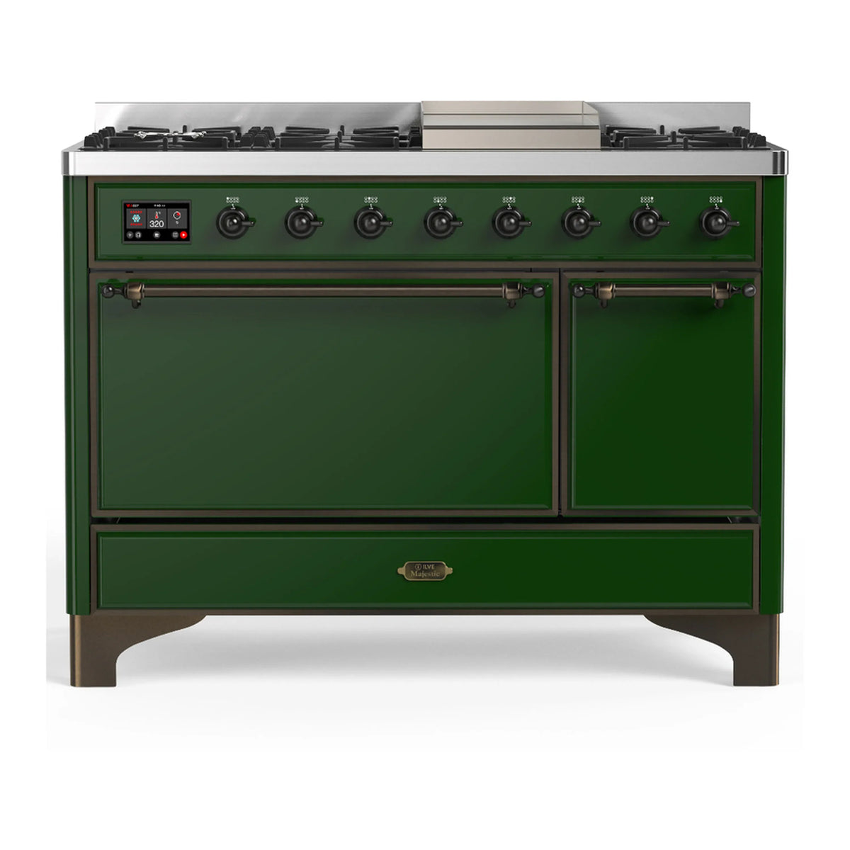 ILVE Majestic III 48-Inch LP Dual Fuel Range, 5 Burners, Griddle, Solid Door Oven, Emerald Green with Burnished Trim (UM48FQNR3EGBLP)