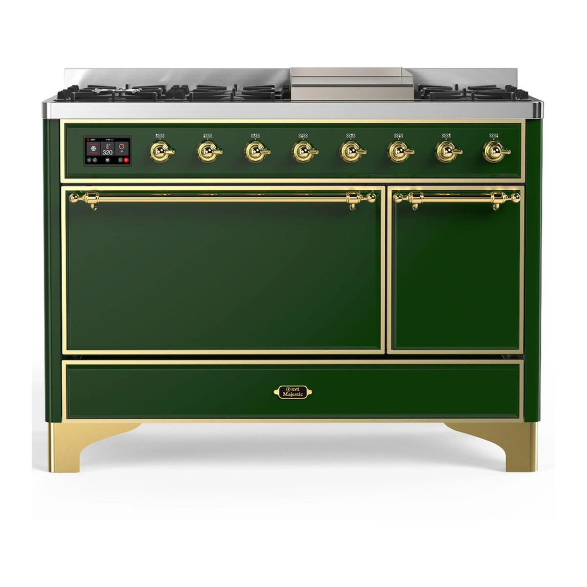 ILVE Majestic III 48-Inch LP Dual Fuel Range, 5 Burners, Griddle, Solid Door Oven, Emerald Green with Brass Trim (UM48FQNR3EGGLP)