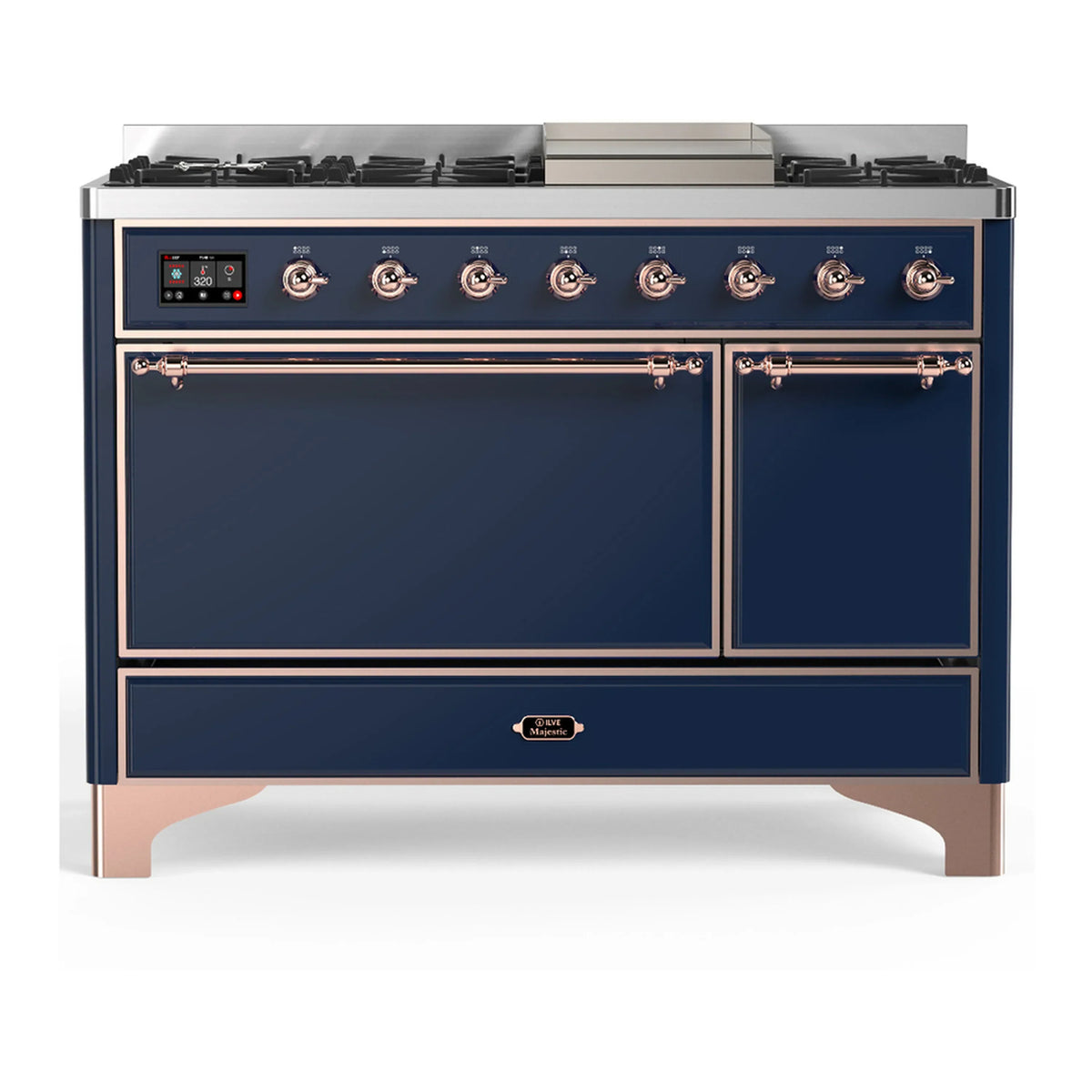 ILVE Majestic III 48-Inch Dual Fuel Range, 5 NG Burners, Griddle, Solid Door, Midnight Blue, Copper Trim (UM48FQNR3MBP)