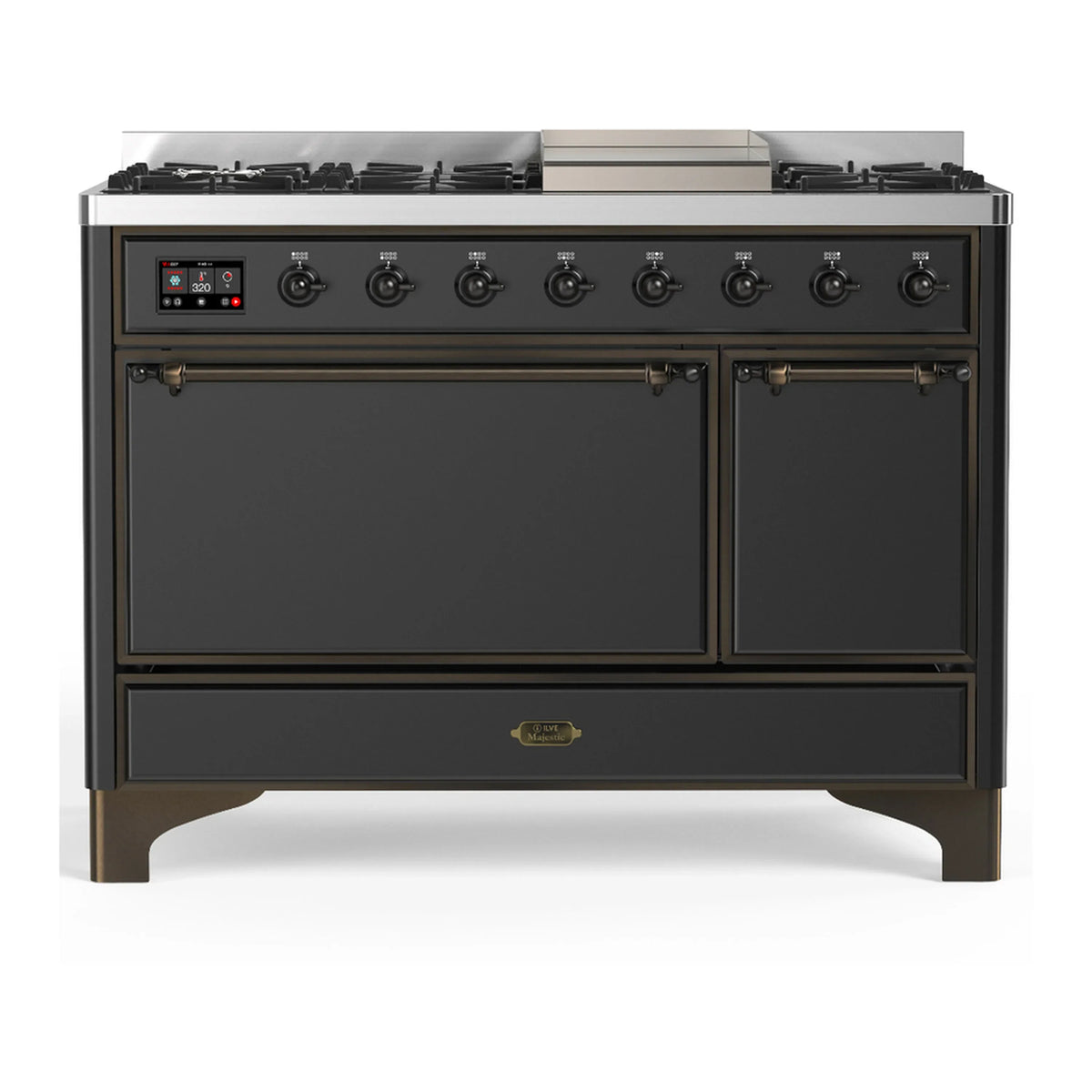 ILVE Majestic III 48-Inch LP Dual Fuel Range, 5 Burners, Griddle, Solid Door Oven, Graphite Matte with Burnished Trim (UM48FQNR3MGBLP)
