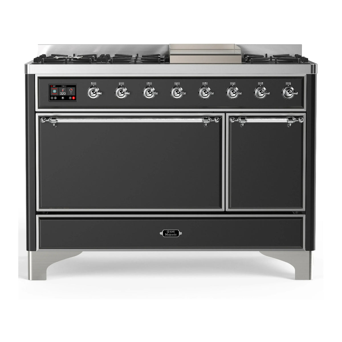ILVE Majestic III 48-Inch Dual Fuel Range, 5 NG Burners, Griddle, Solid Door, Graphite Matte, Chrome Trim (UM48FQNR3MGC)