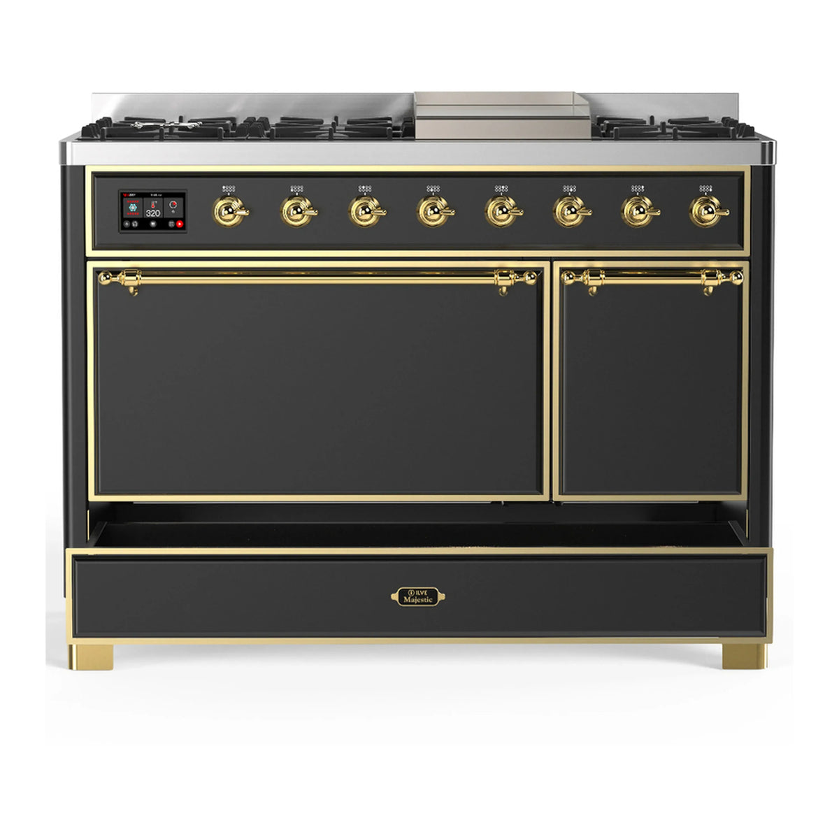 ILVE Majestic III 48-Inch Dual Fuel Range, 5 NG Burners, Griddle, Solid Door, Graphite Matte, Brass Trim (UM48FQNR3MGG)
