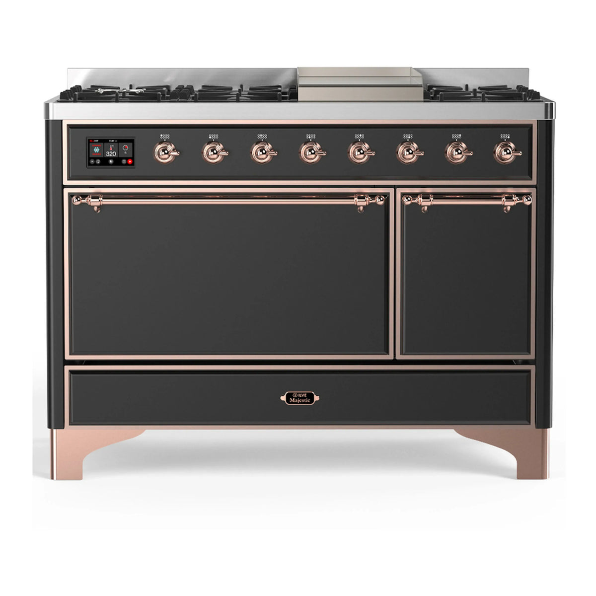 ILVE Majestic III 48-Inch LP Dual Fuel Range, 5 Burners, Griddle, Solid Door Oven, Graphite Matte with Copper Trim (UM48FQNR3MGPLP)