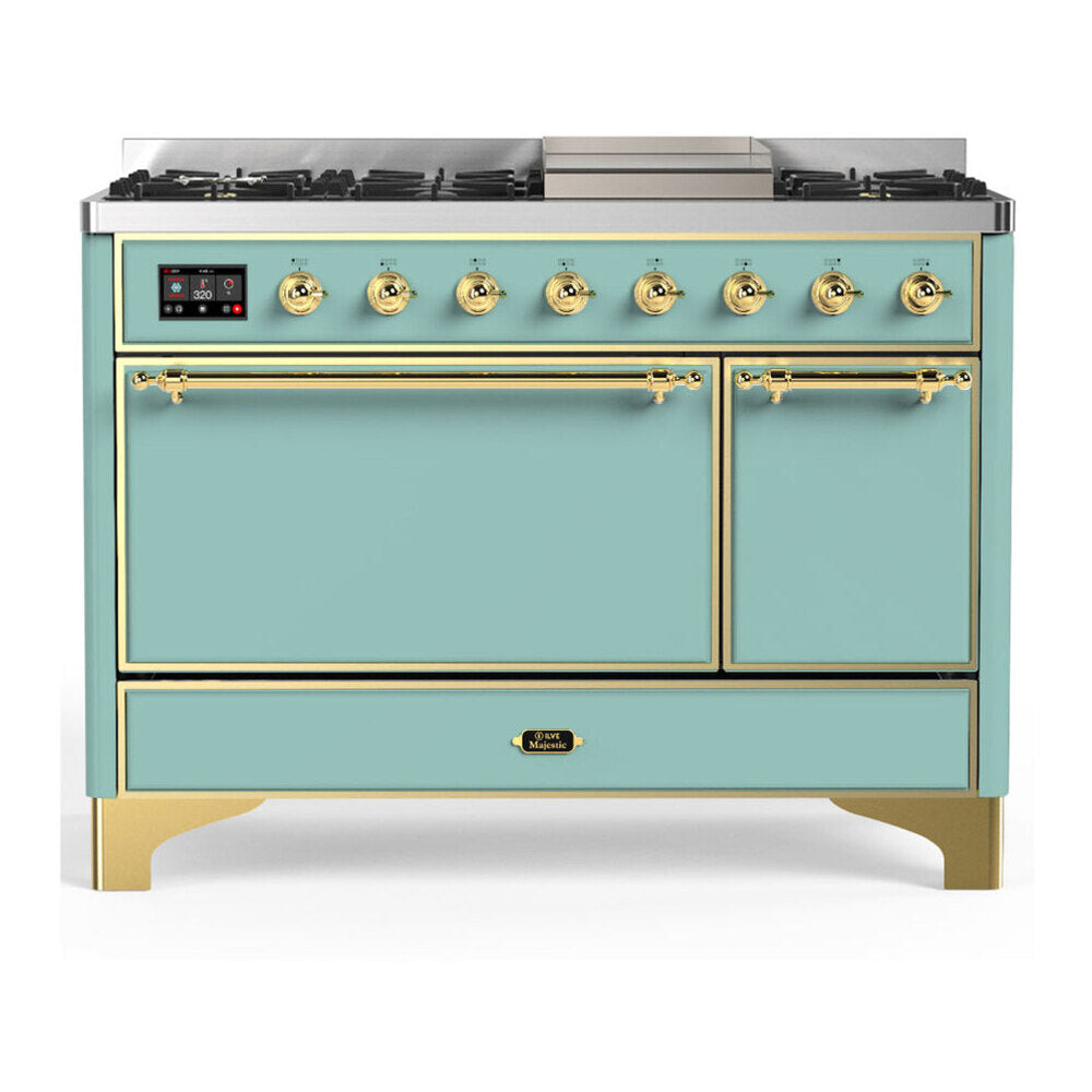 ILVE Majestic III 48-Inch Dual Fuel Range, 5 NG Burners, Griddle, Solid Door, Mediterranean Mint, Brass Trim (UM48FQNR3MMG)