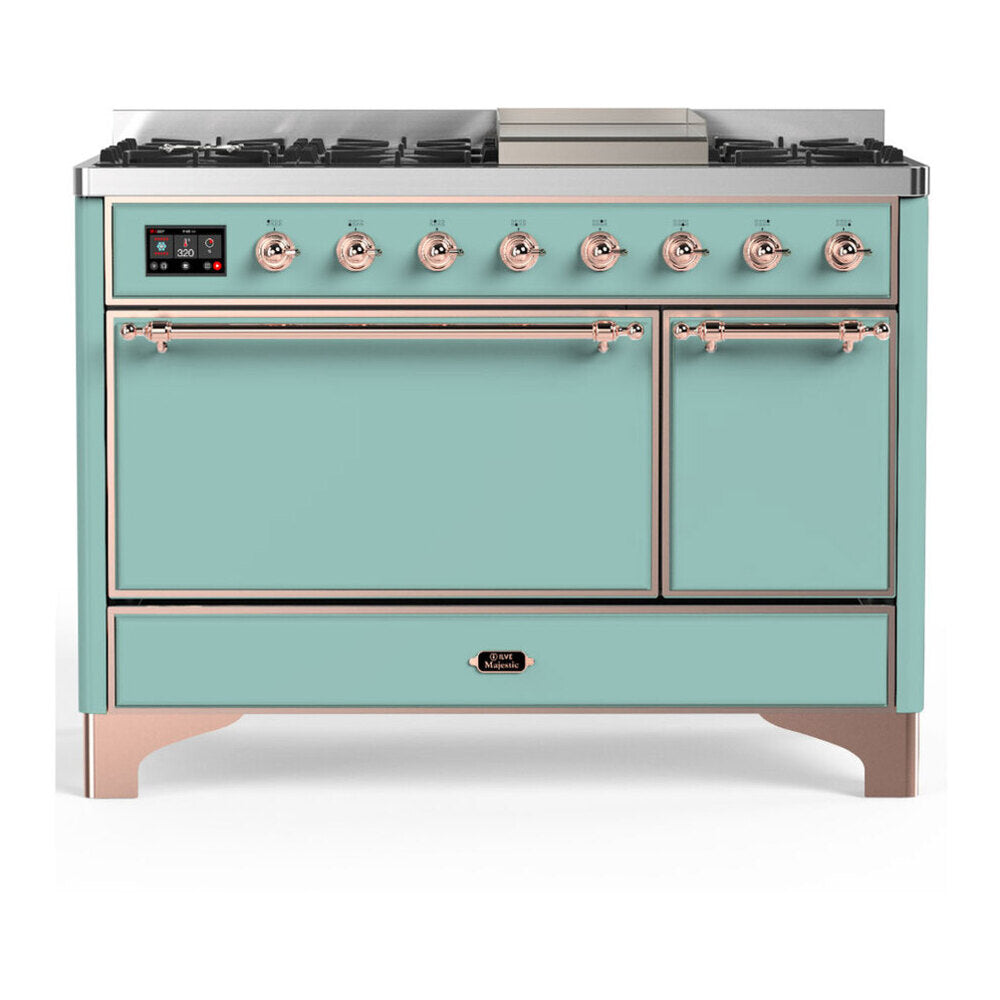 ILVE Majestic III 48-Inch LP Dual Fuel Range, 5 Burners, Griddle, Solid Door Oven, Mediterranean Mint with Copper Trim (UM48FQNR3MMPLP)