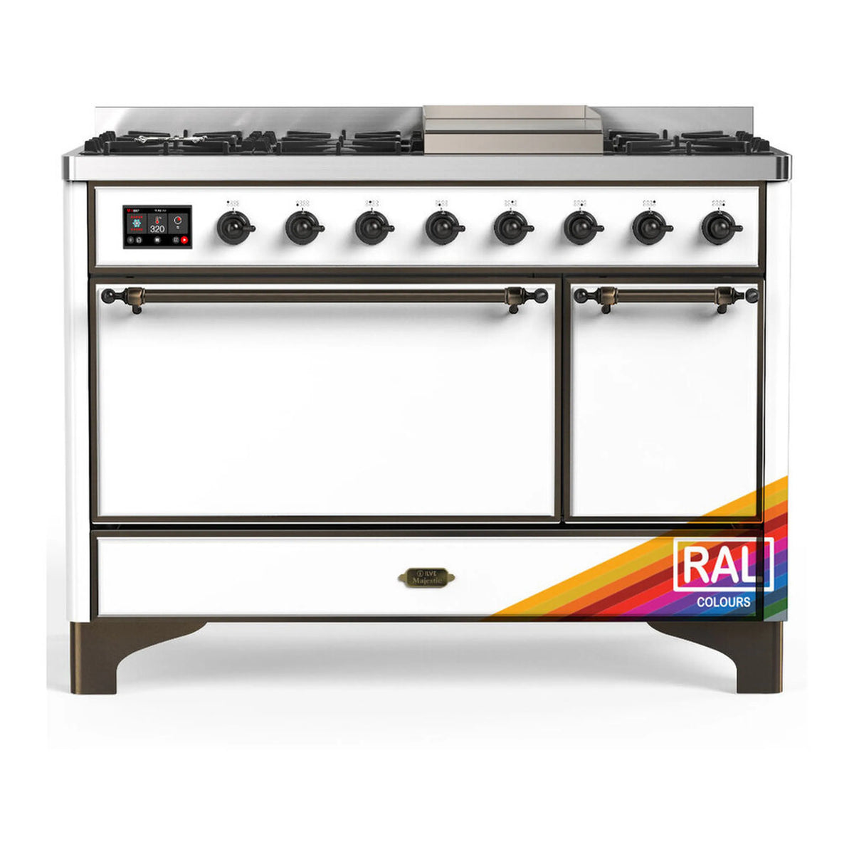 ILVE Majestic III 48-Inch LP Dual Fuel Range, 5 Burners, Griddle, Solid Door Oven, RAL with Burnished Trim (UM48FQNR3RABLP)