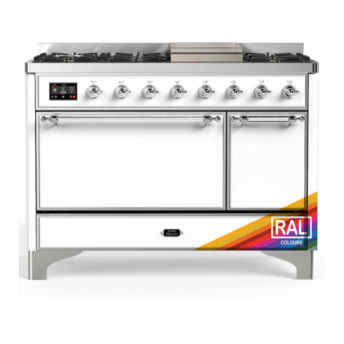ILVE Majestic III 48-Inch LP Dual Fuel Range, 5 Burners, Griddle, Solid Door Oven, RAL with Chrome Trim (UM48FQNR3RACLP)