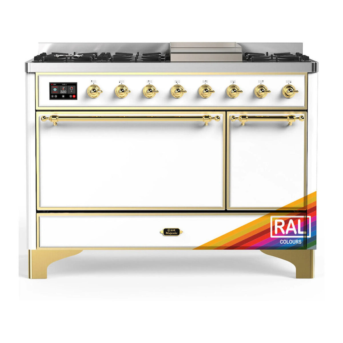 ILVE Majestic III 48-Inch LP Dual Fuel Range, 5 Burners, Griddle, Solid Door Oven, RAL with Brass Trim (UM48FQNR3RAGLP)