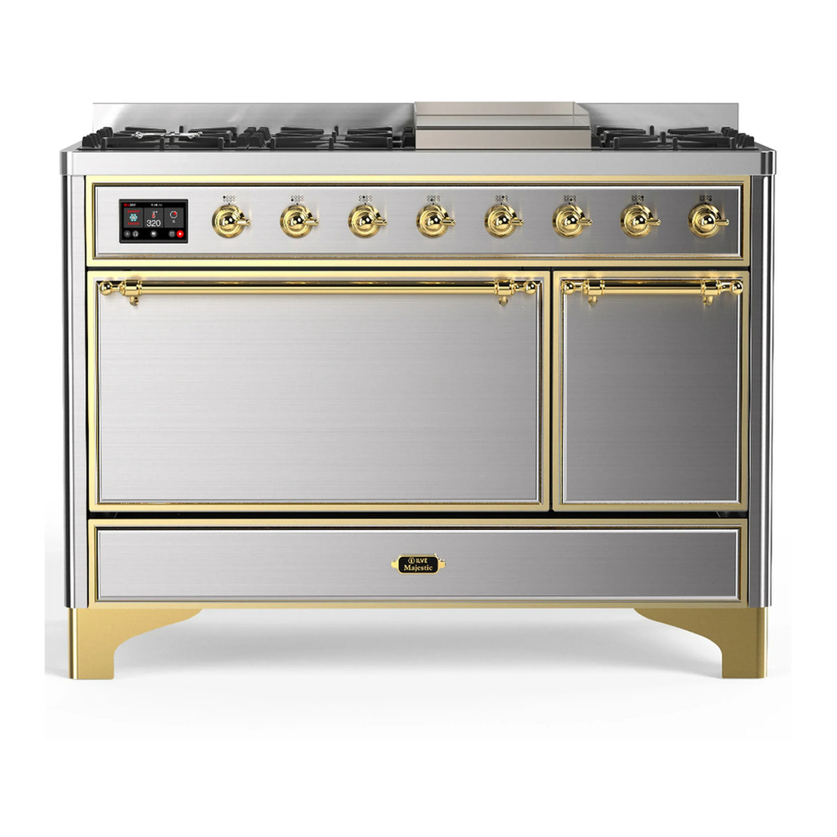 ILVE Majestic III 48-Inch Dual Fuel Range, 5 NG Burners, Griddle, Solid Door, Stainless Steel, Brass Trim (UM48FQNR3SSG)