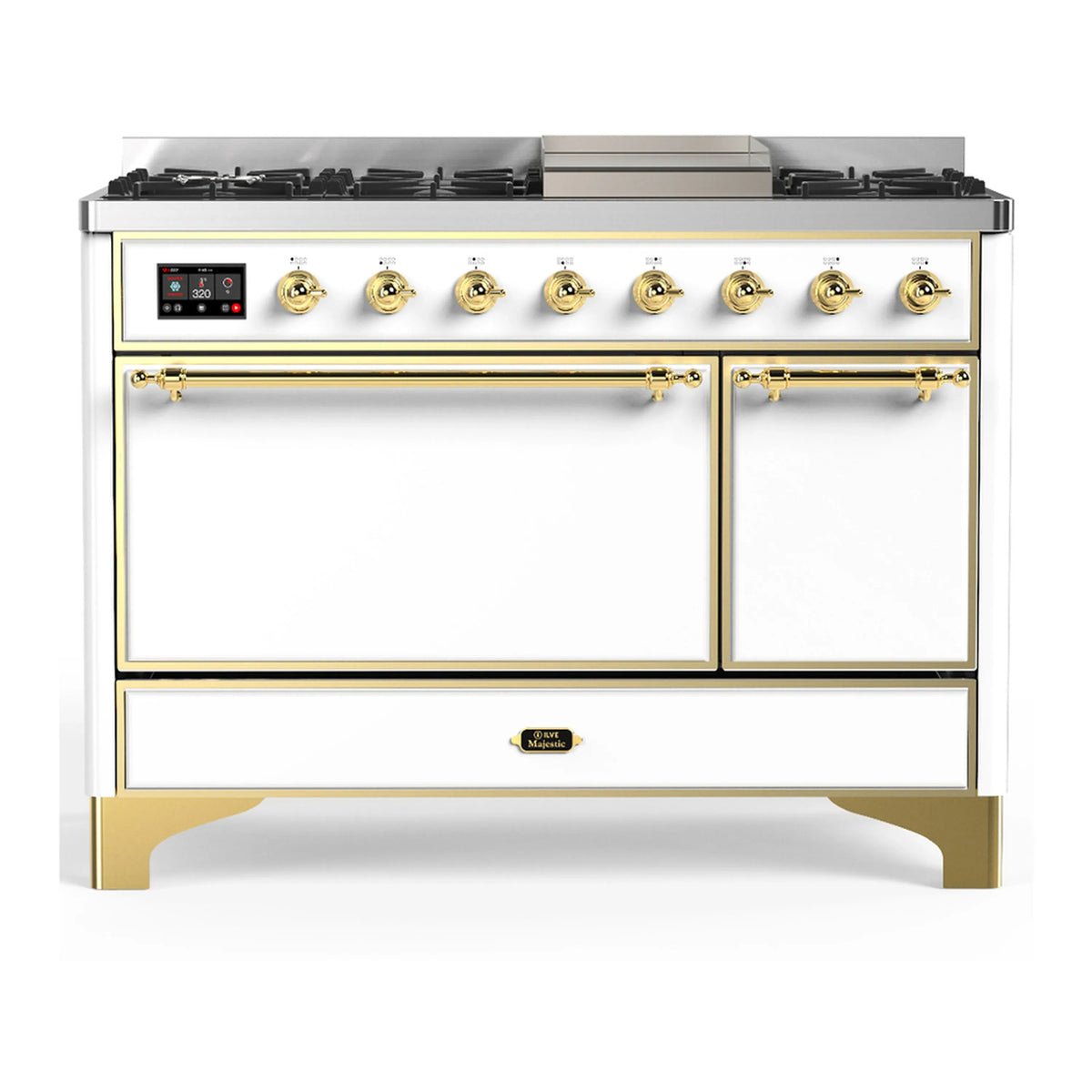 ILVE Majestic III 48-Inch Dual Fuel Range, 5 NG Burners, Griddle, Solid Door, White, Brass Trim (UM48FQNR3WHG)