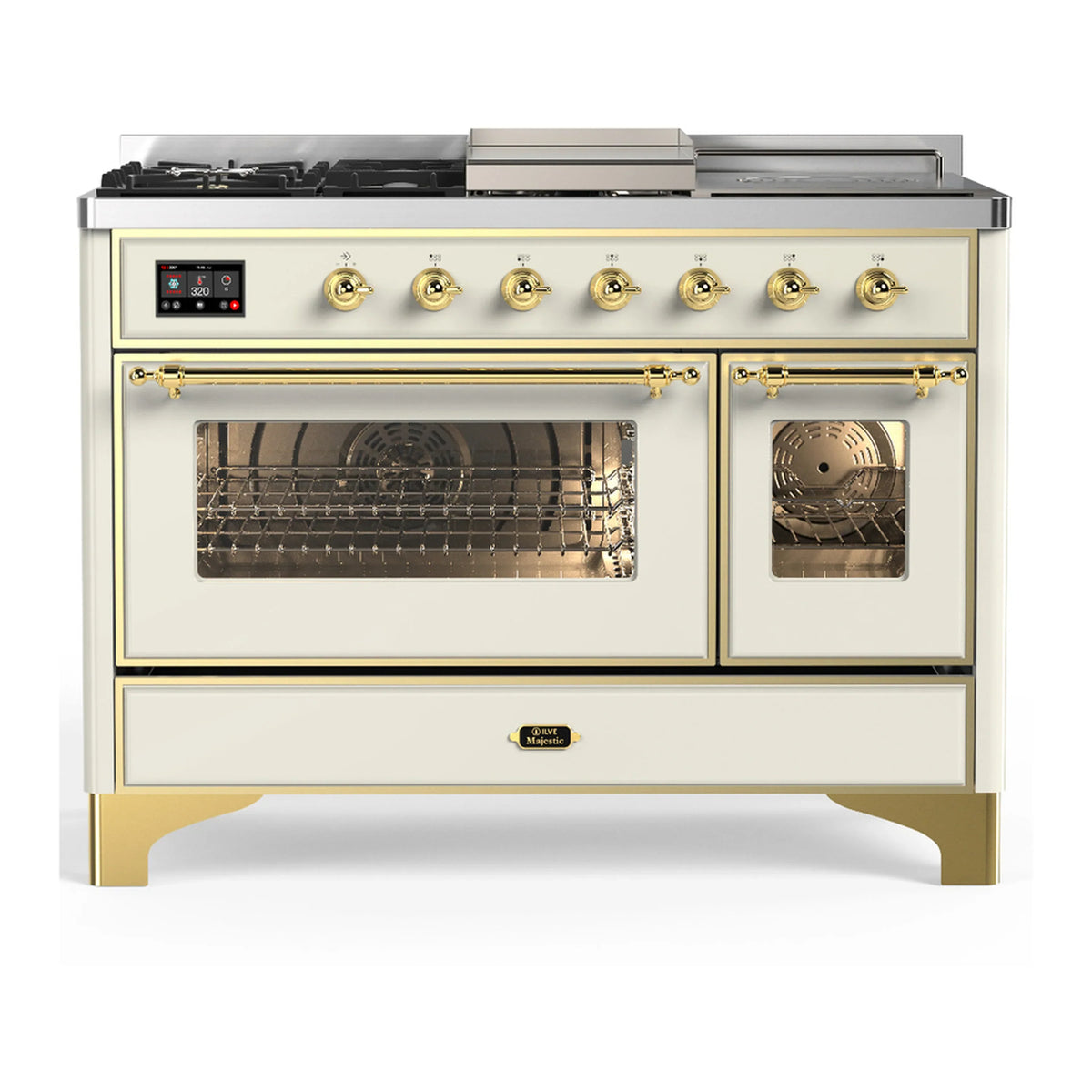 ILVE Majestic III 48-Inch Dual Fuel Range, 5 LP Burners, Griddle, French Top, Triple Glass Door, Antique White, Brass Trim (UM48FSNR3AWGLP)
